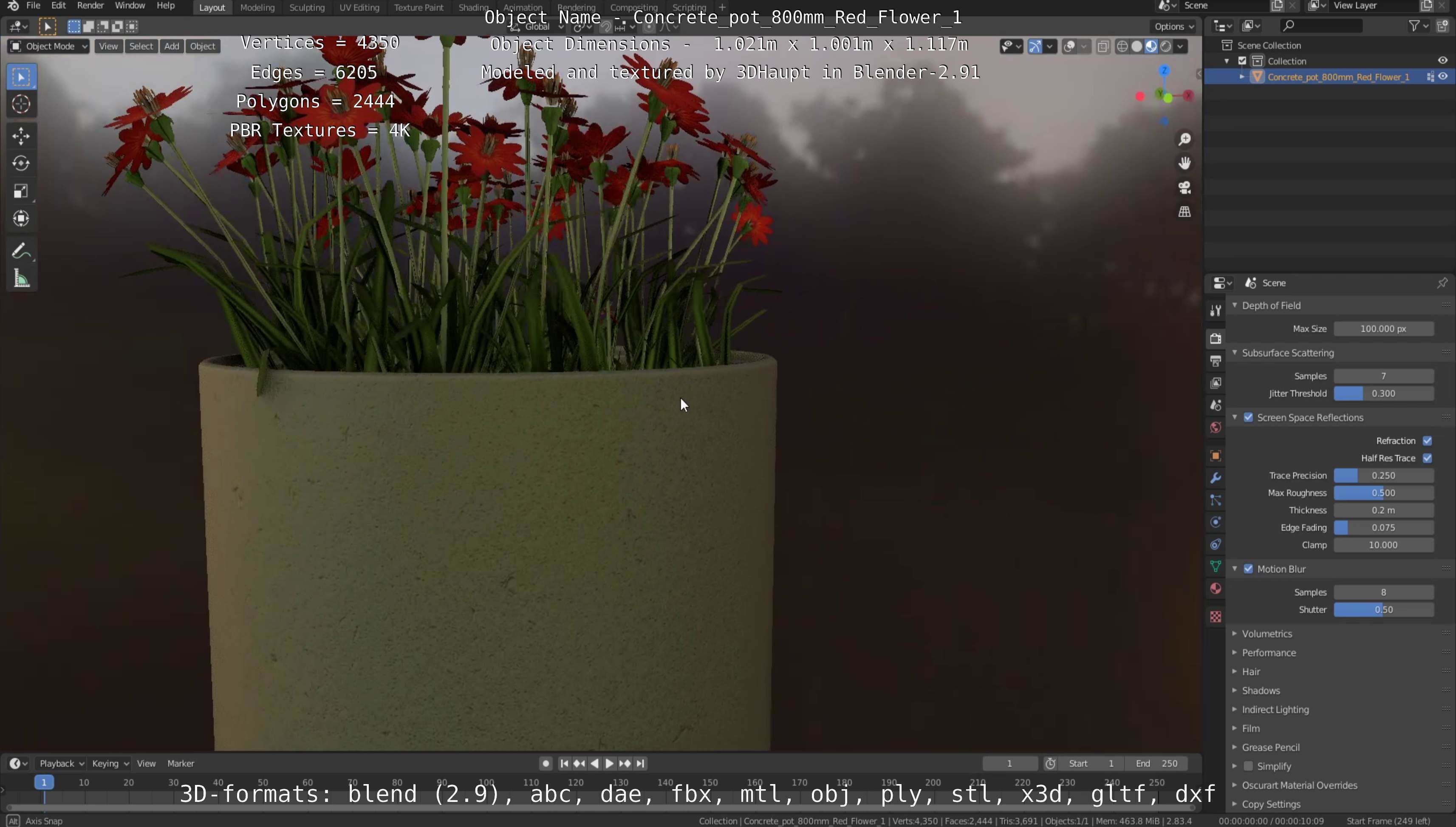Concrete Pot 800mm with Red Flowers Version 1 Low-poly 3D model_93