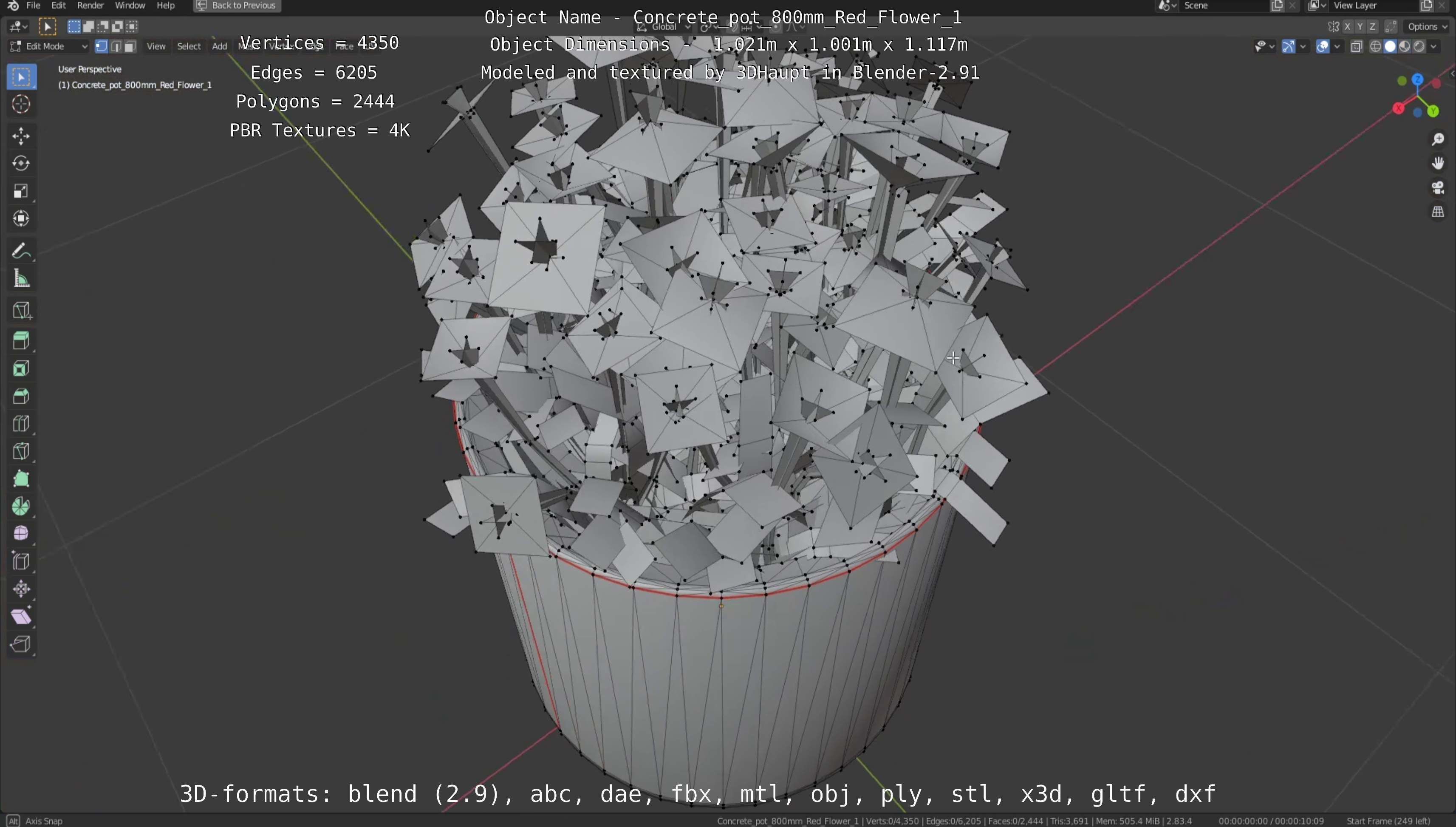 Concrete Pot 800mm with Red Flowers Version 1 Low-poly 3D model_119