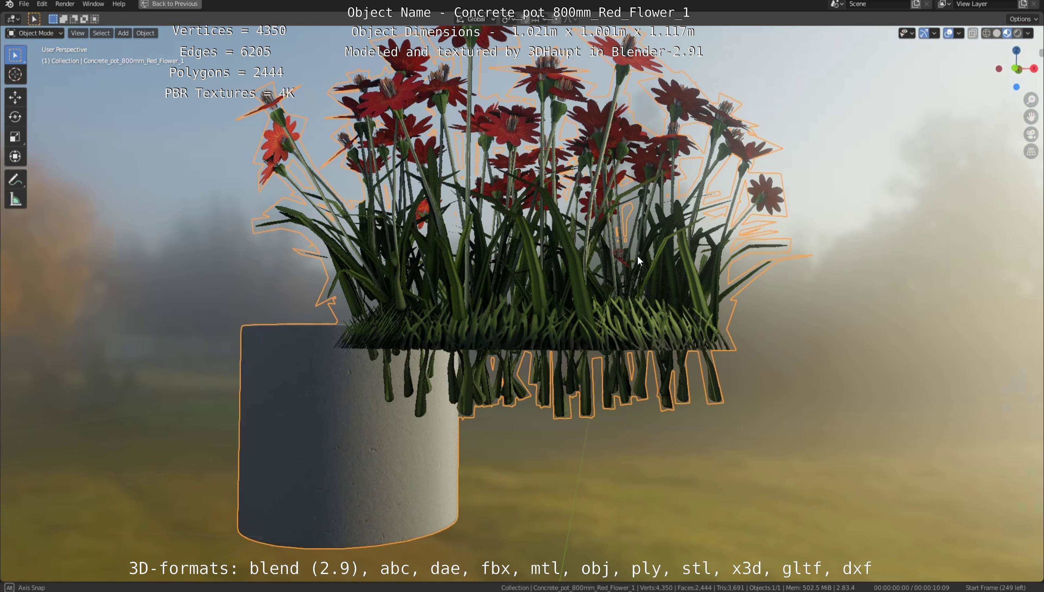 Concrete Pot 800mm with Red Flowers Version 1 Low-poly 3D model_49