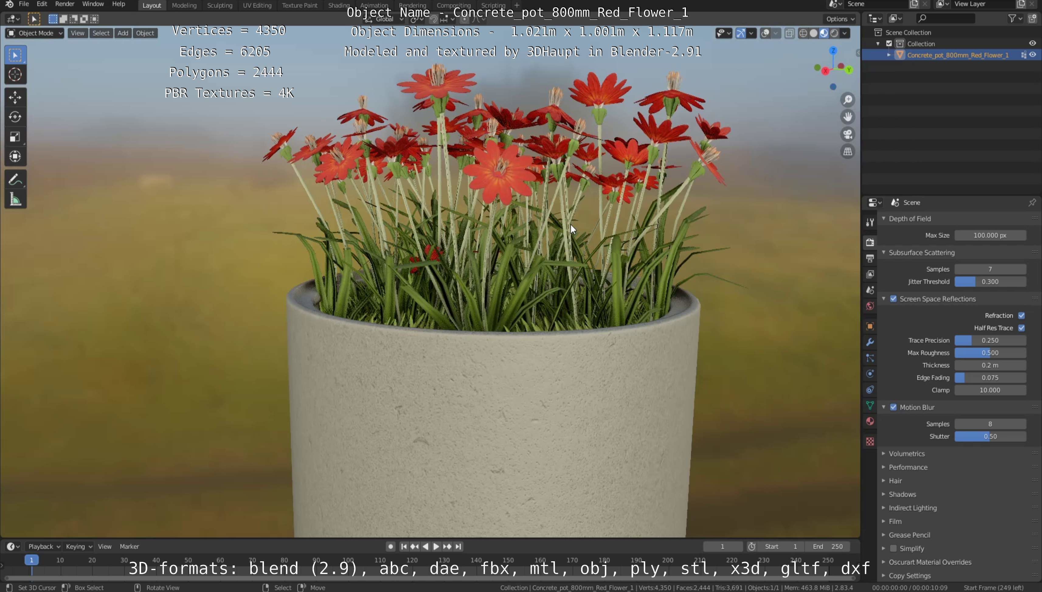 Concrete Pot 800mm with Red Flowers Version 1 Low-poly 3D model_98
