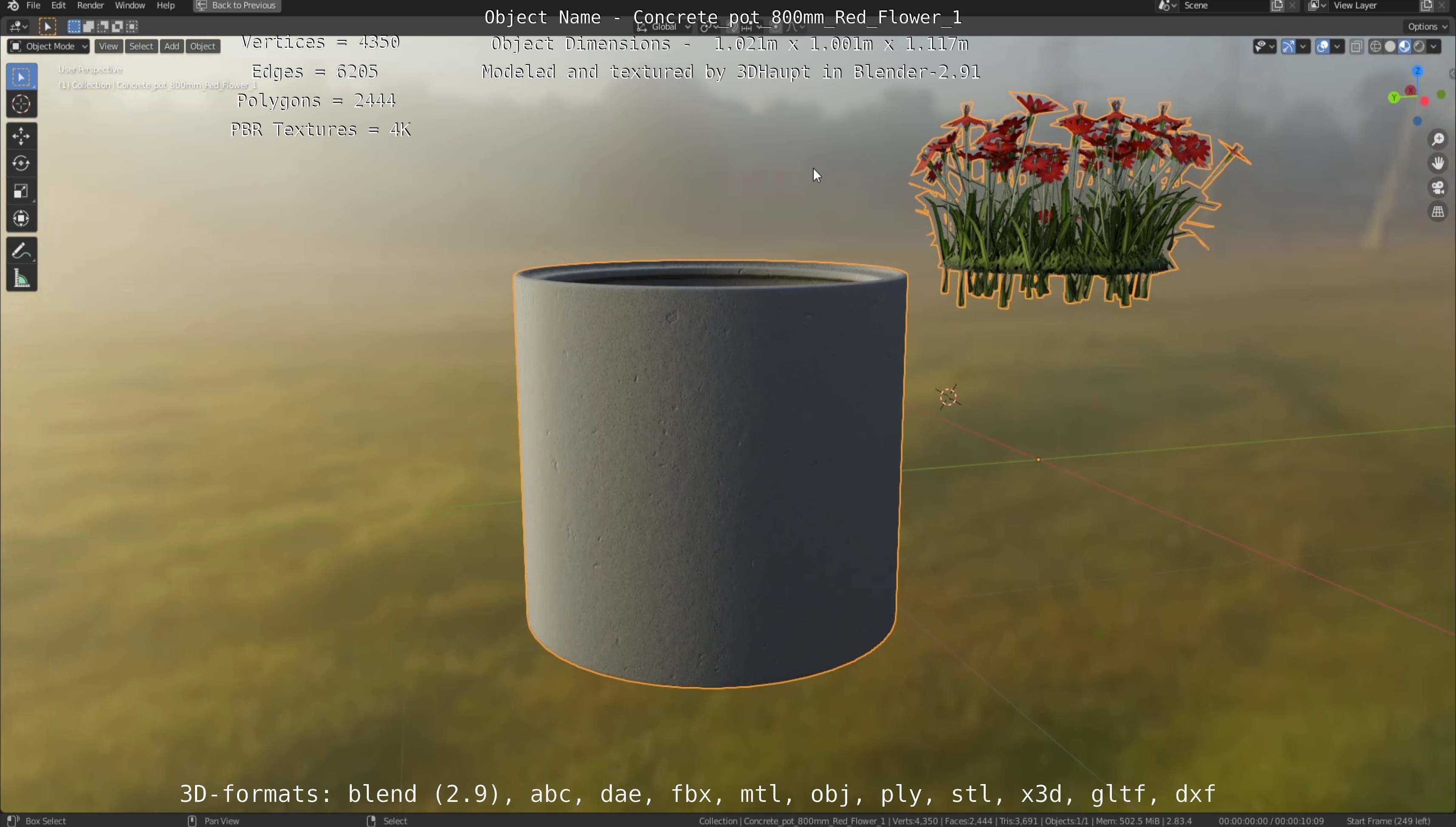 Concrete Pot 800mm with Red Flowers Version 1 Low-poly 3D model_57