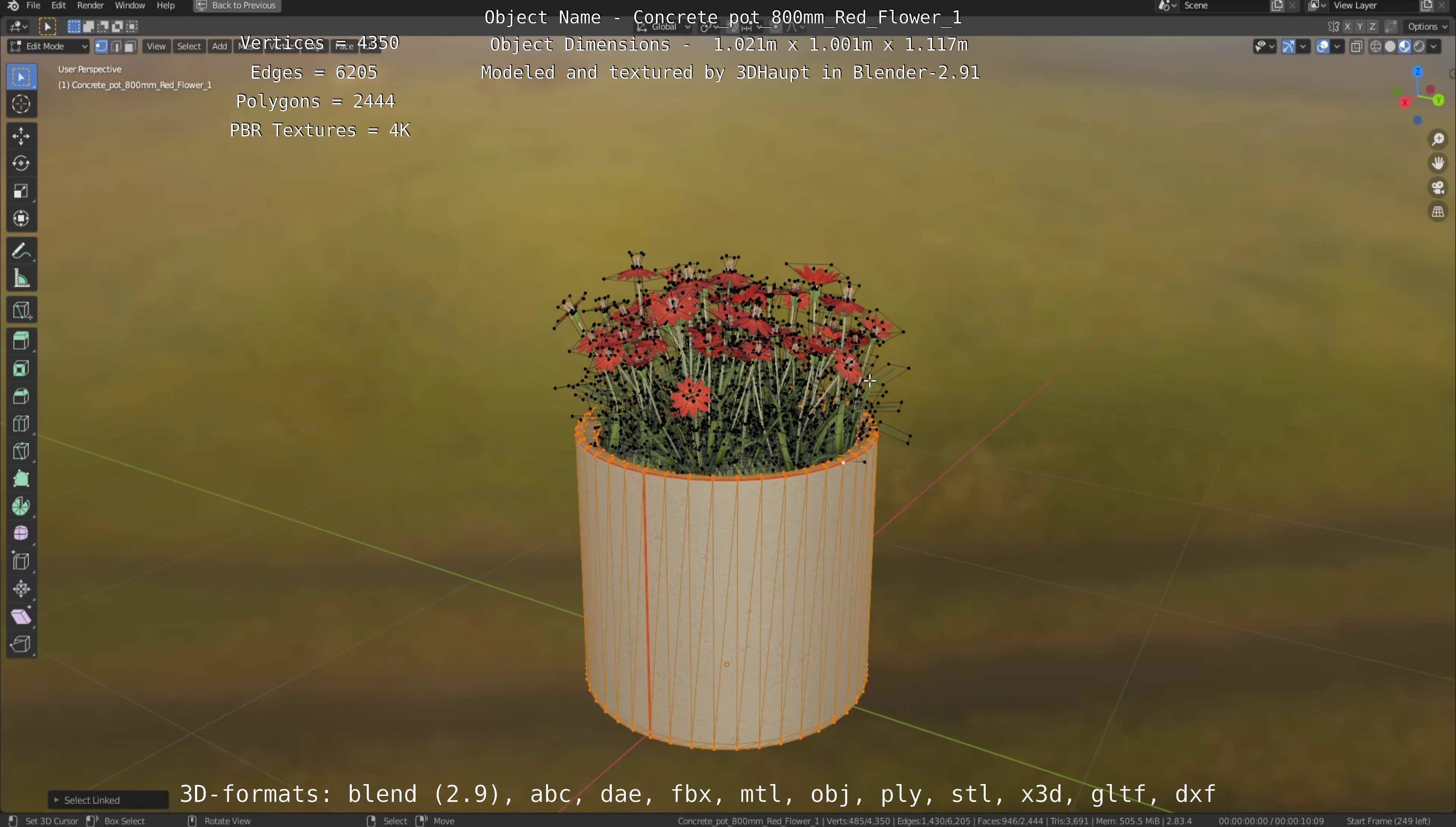Concrete Pot 800mm with Red Flowers Version 1 Low-poly 3D model_42