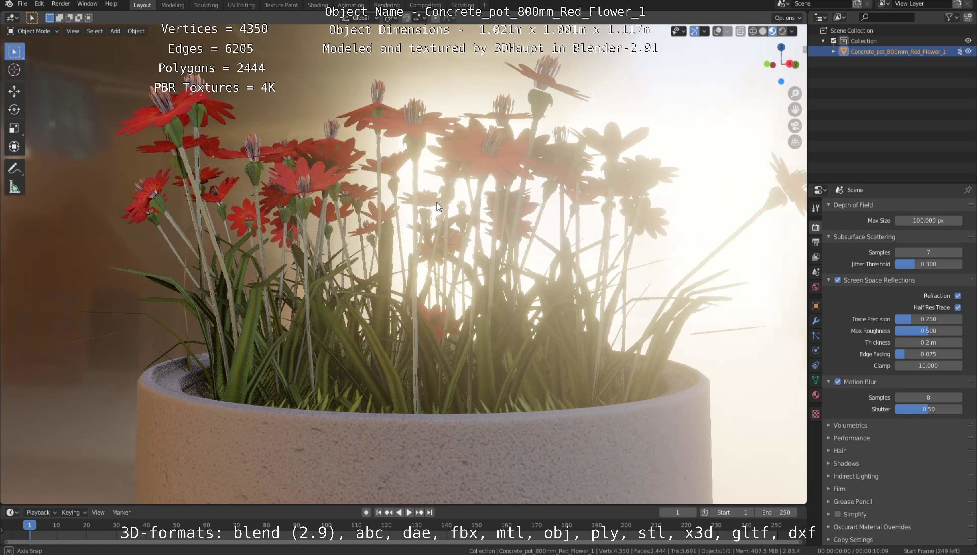 Concrete Pot 800mm with Red Flowers Version 1 Low-poly 3D model_74