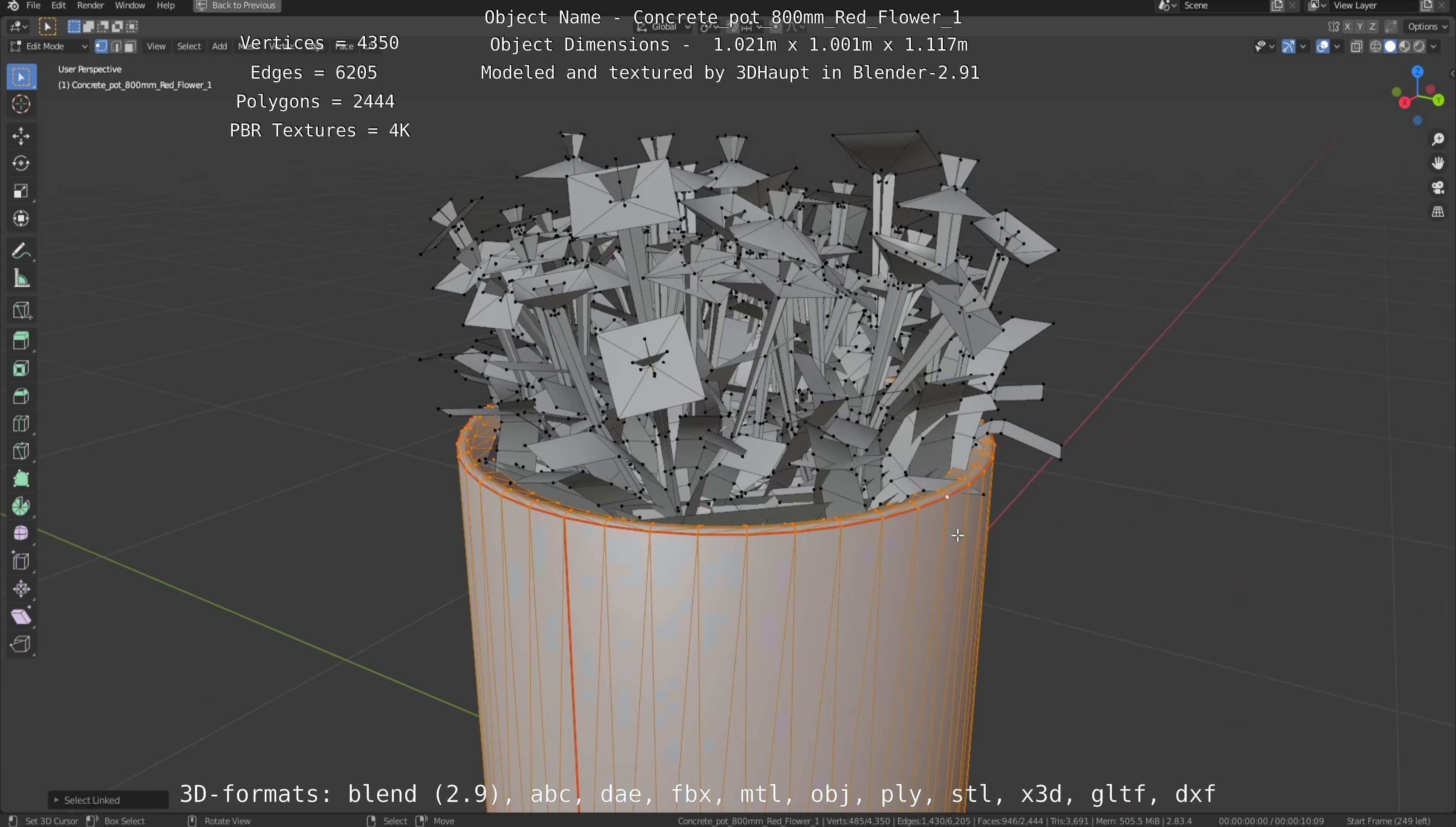 Concrete Pot 800mm with Red Flowers Version 1 Low-poly 3D model_18