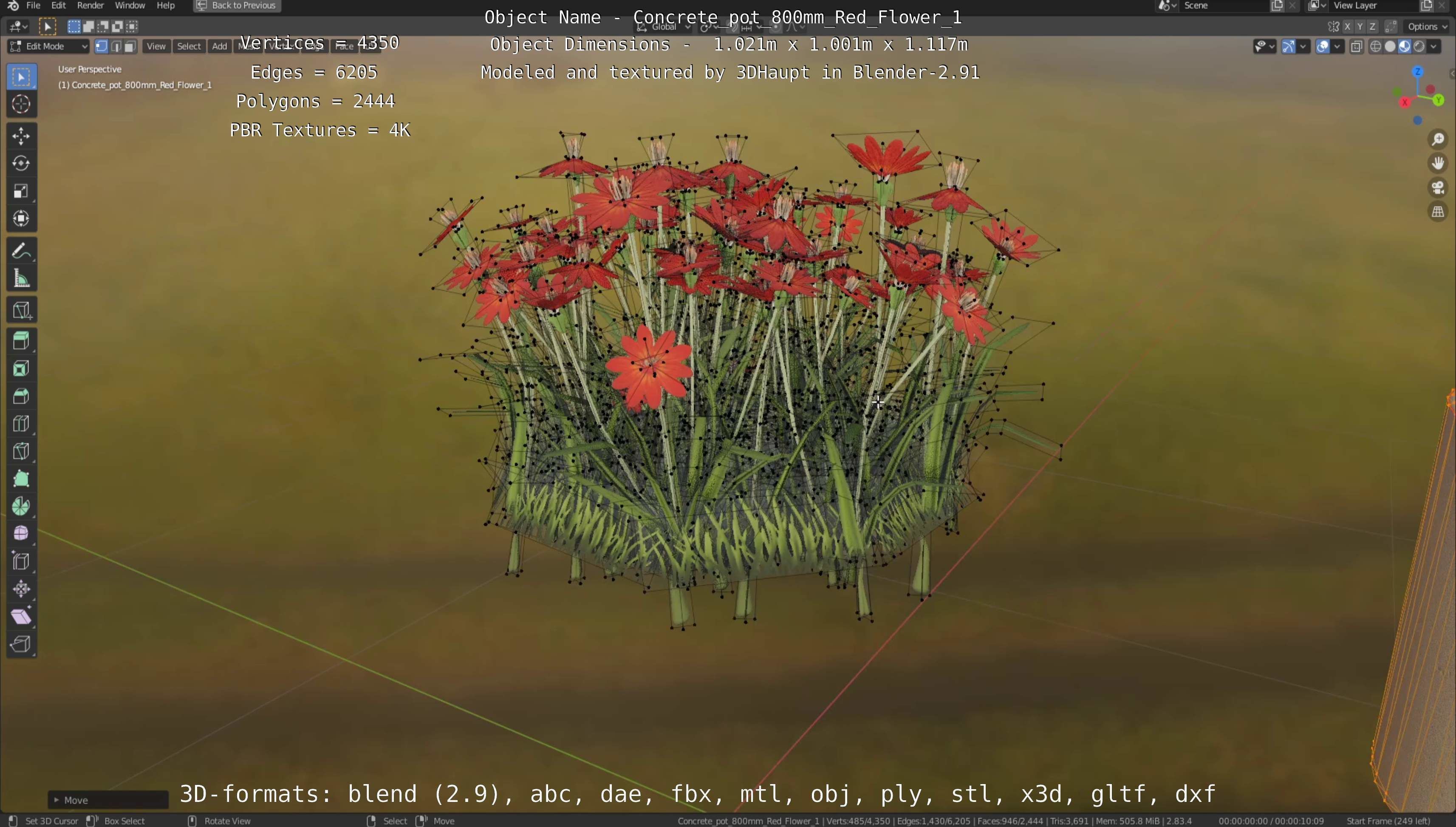 Concrete Pot 800mm with Red Flowers Version 1 Low-poly 3D model_44