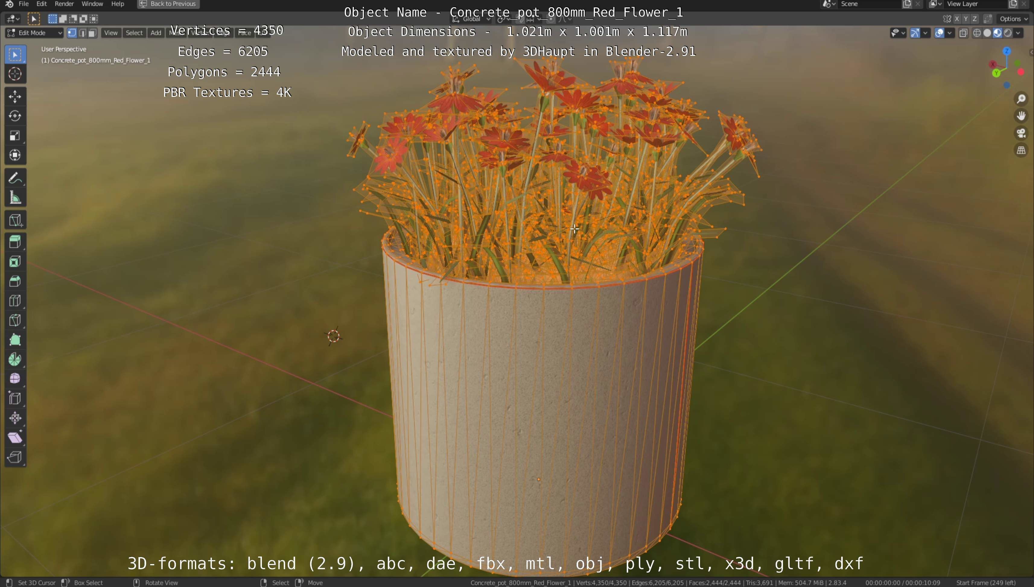 Concrete Pot 800mm with Red Flowers Version 1 Low-poly 3D model_111