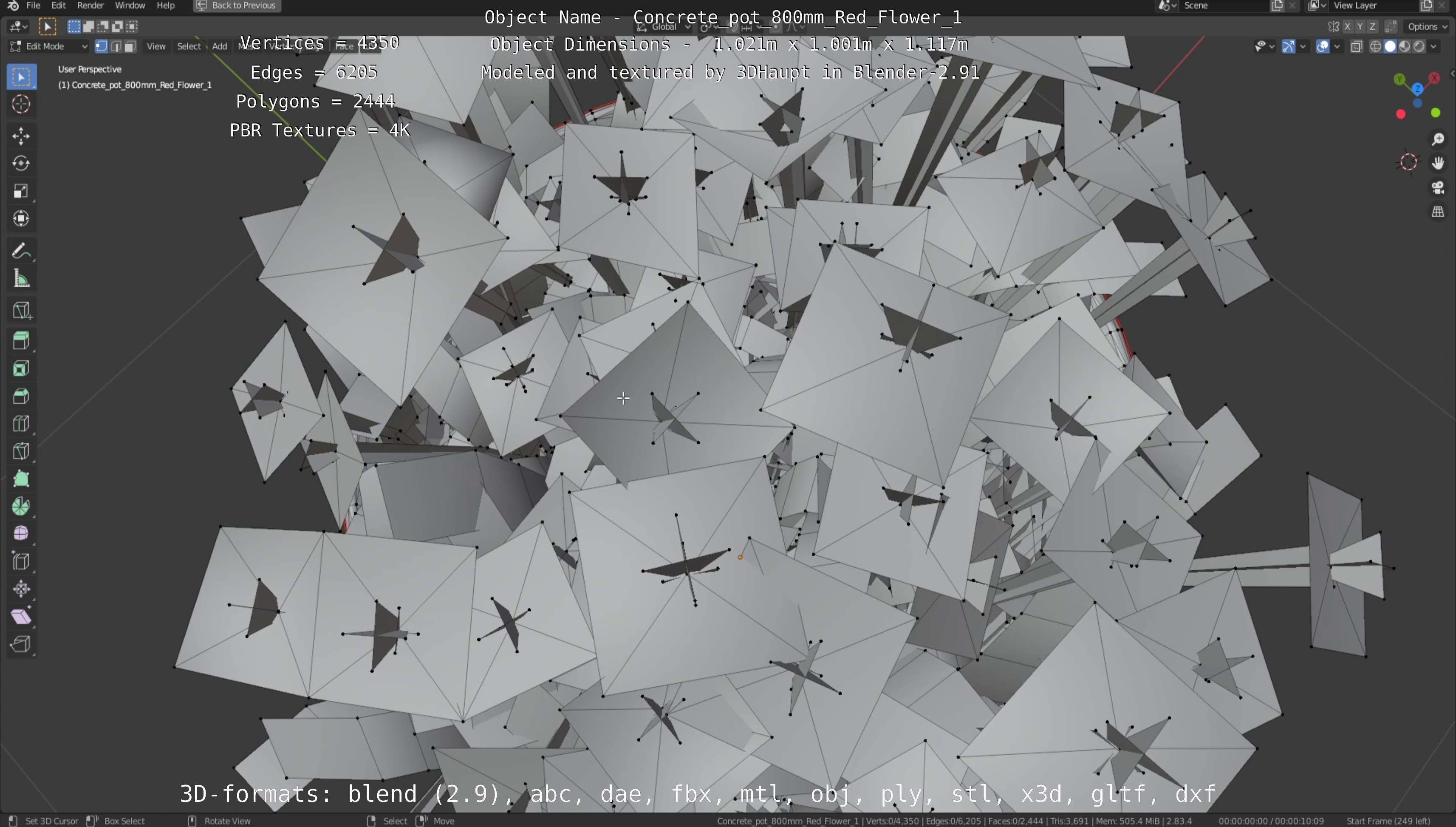 Concrete Pot 800mm with Red Flowers Version 1 Low-poly 3D model_123