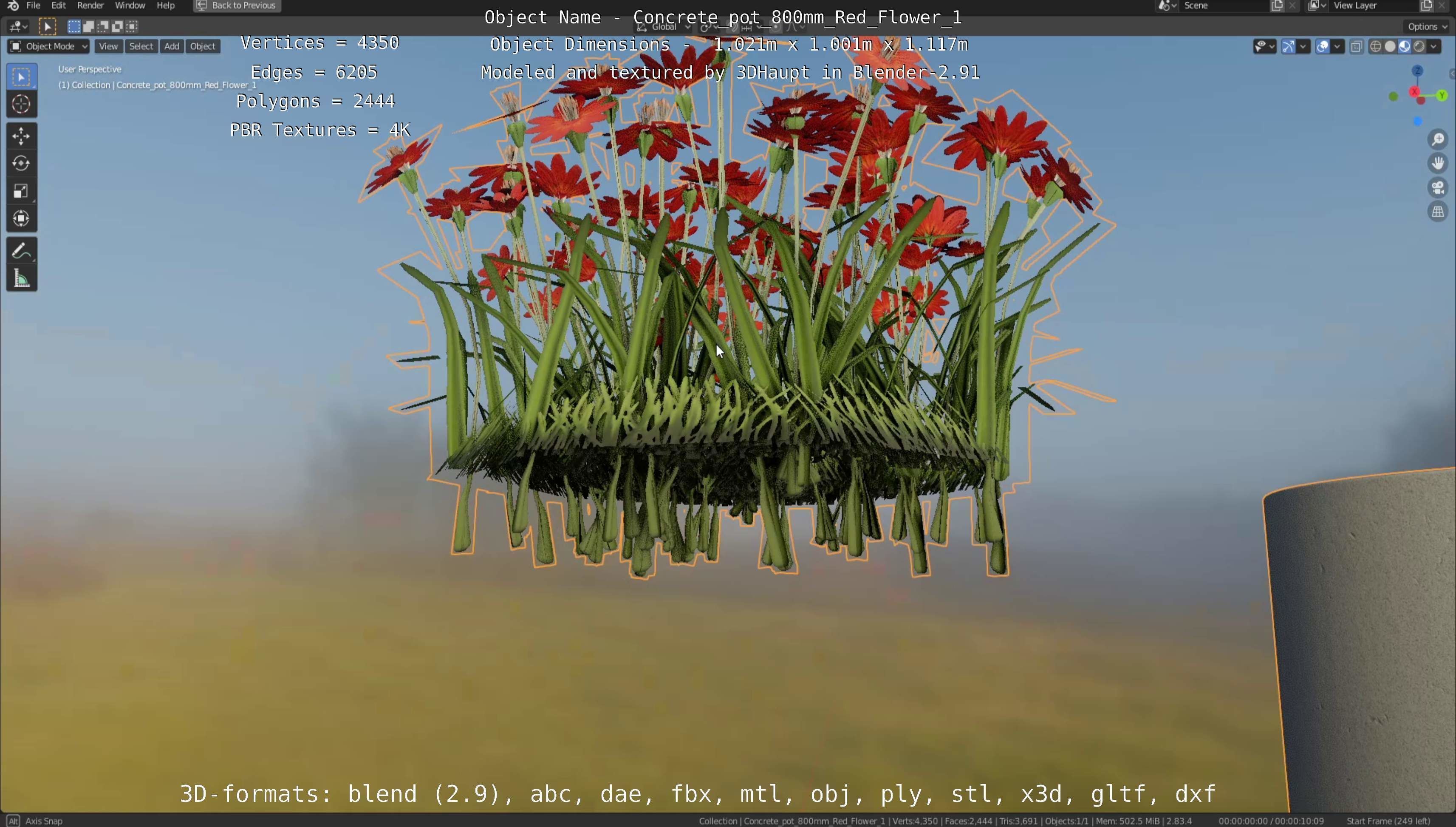 Concrete Pot 800mm with Red Flowers Version 1 Low-poly 3D model_20