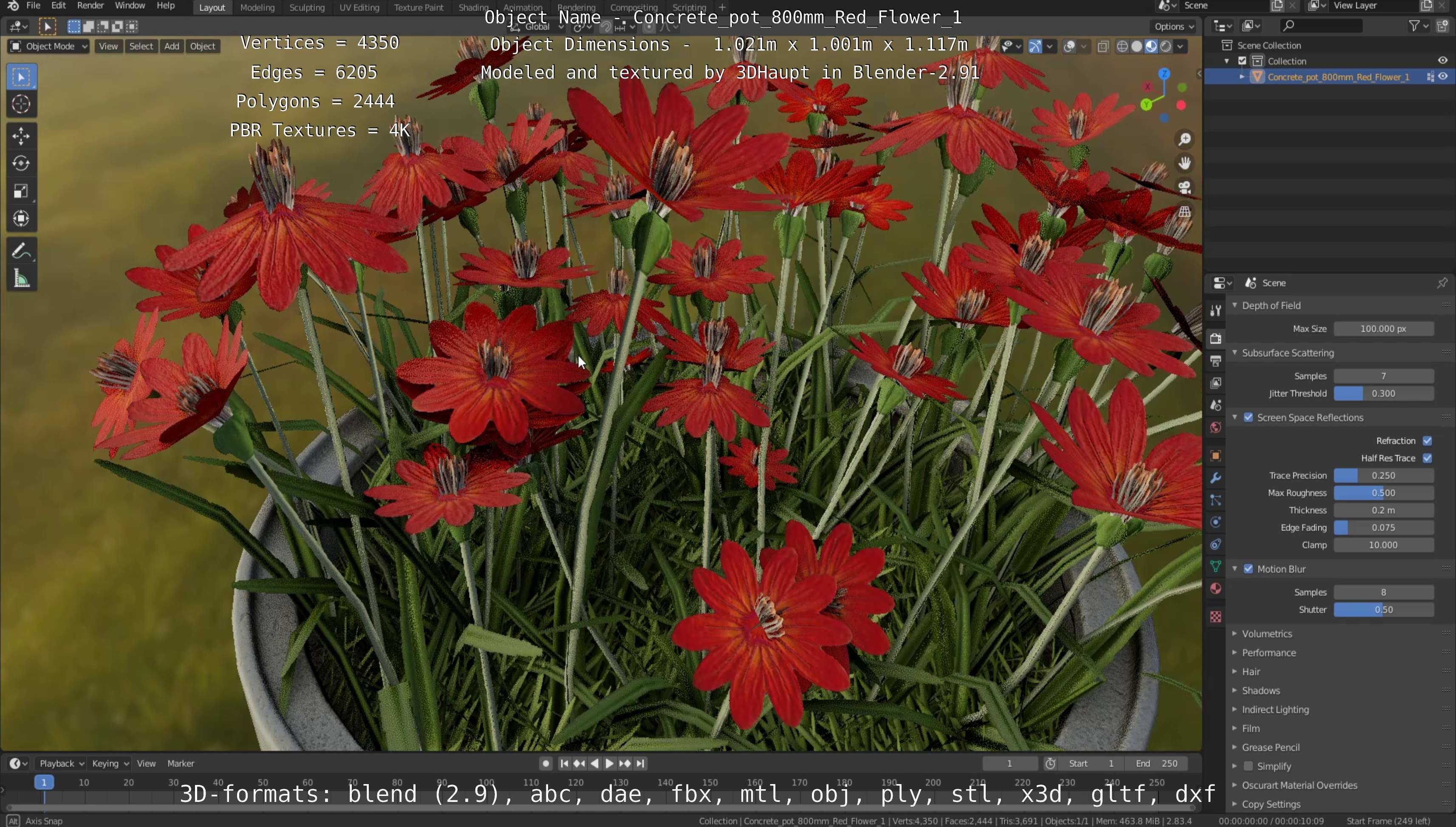 Concrete Pot 800mm with Red Flowers Version 1 Low-poly 3D model_8
