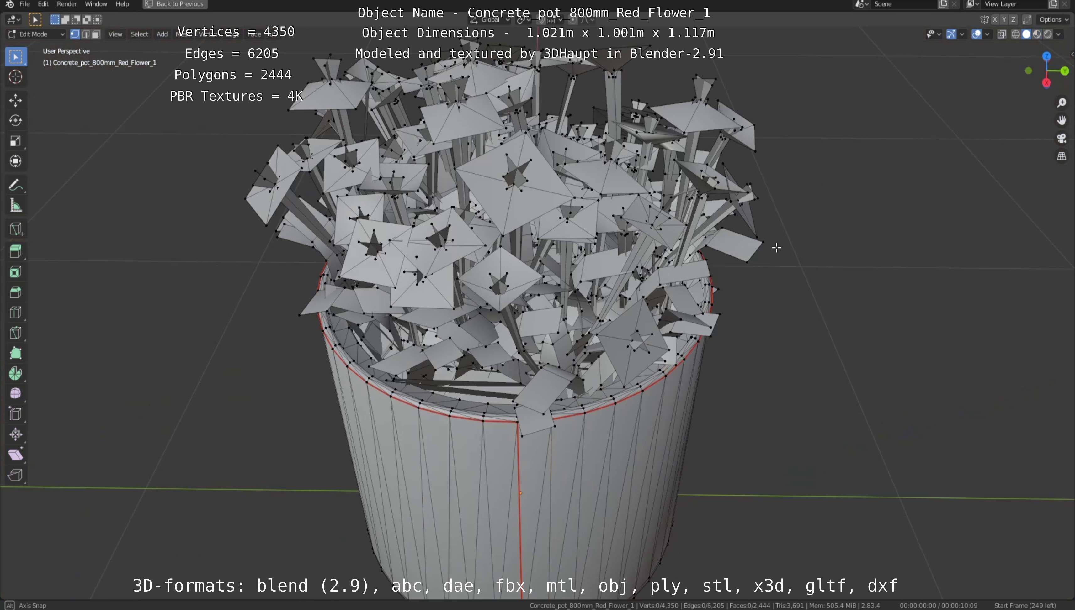 Concrete Pot 800mm with Red Flowers Version 1 Low-poly 3D model_118