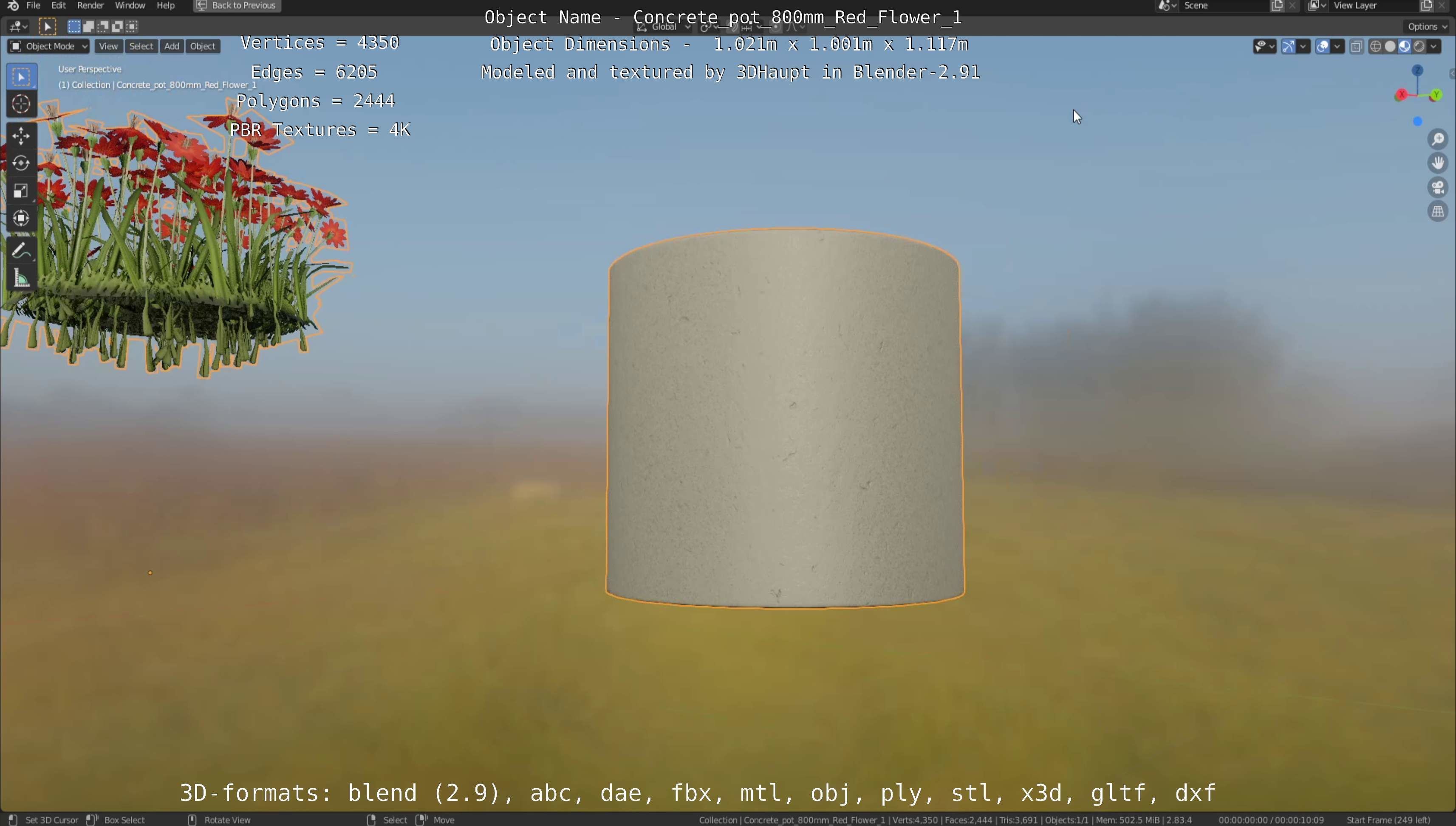Concrete Pot 800mm with Red Flowers Version 1 Low-poly 3D model_54