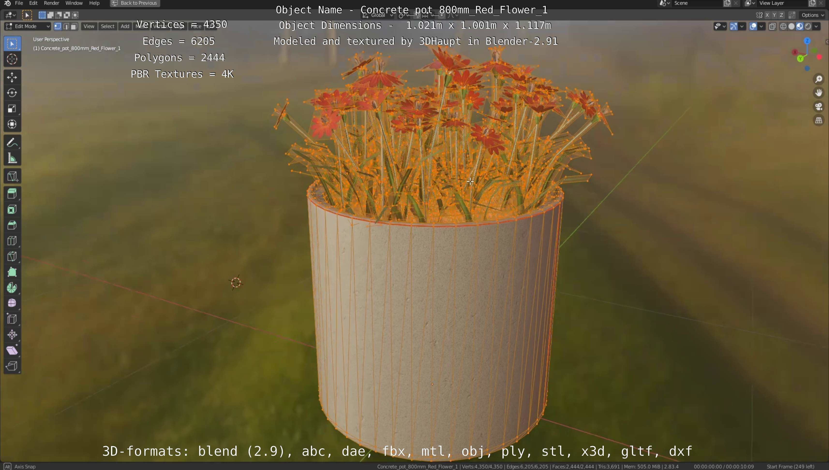 Concrete Pot 800mm with Red Flowers Version 1 Low-poly 3D model_112