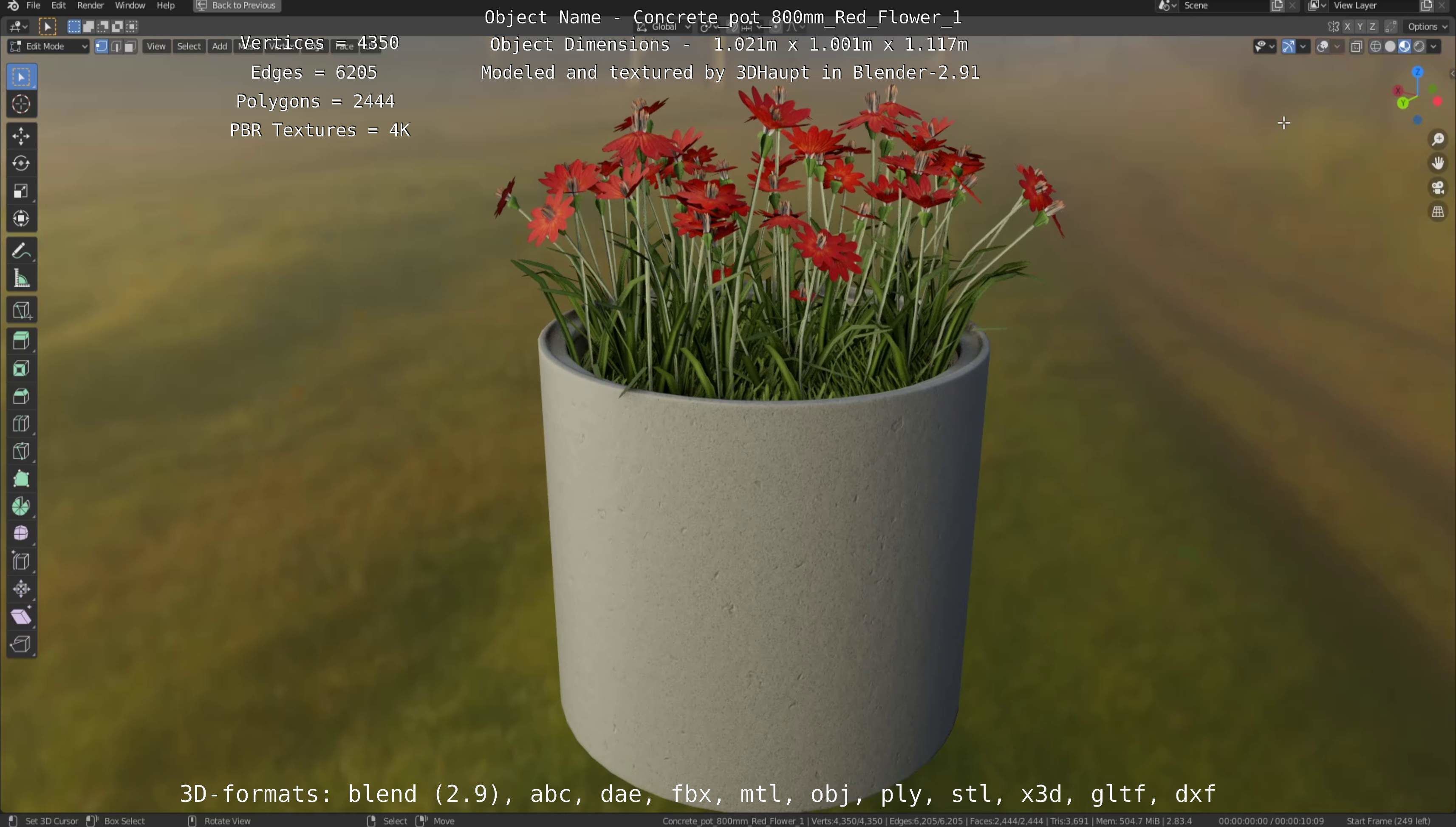 Concrete Pot 800mm with Red Flowers Version 1 Low-poly 3D model_107