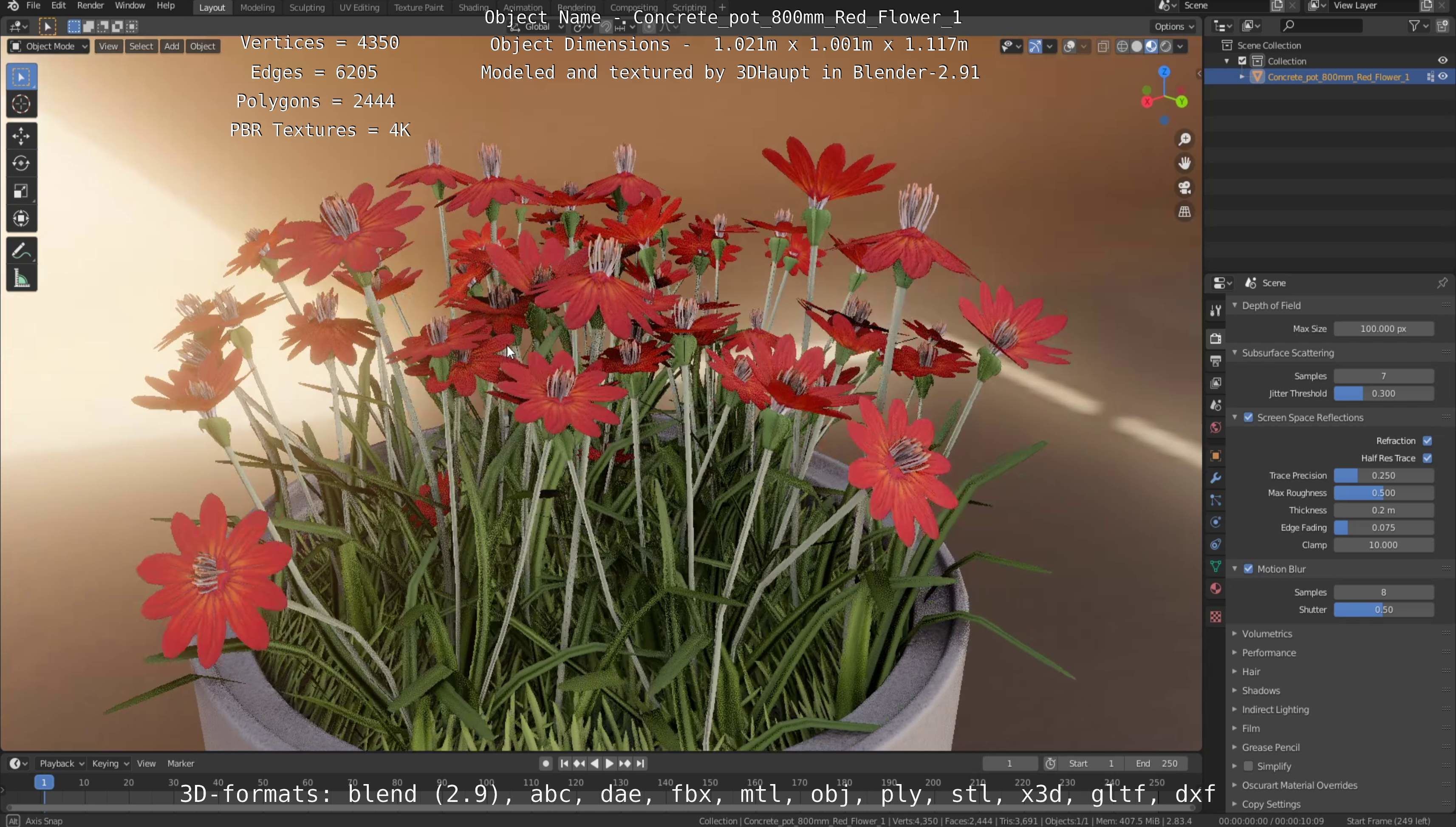 Concrete Pot 800mm with Red Flowers Version 1 Low-poly 3D model_76