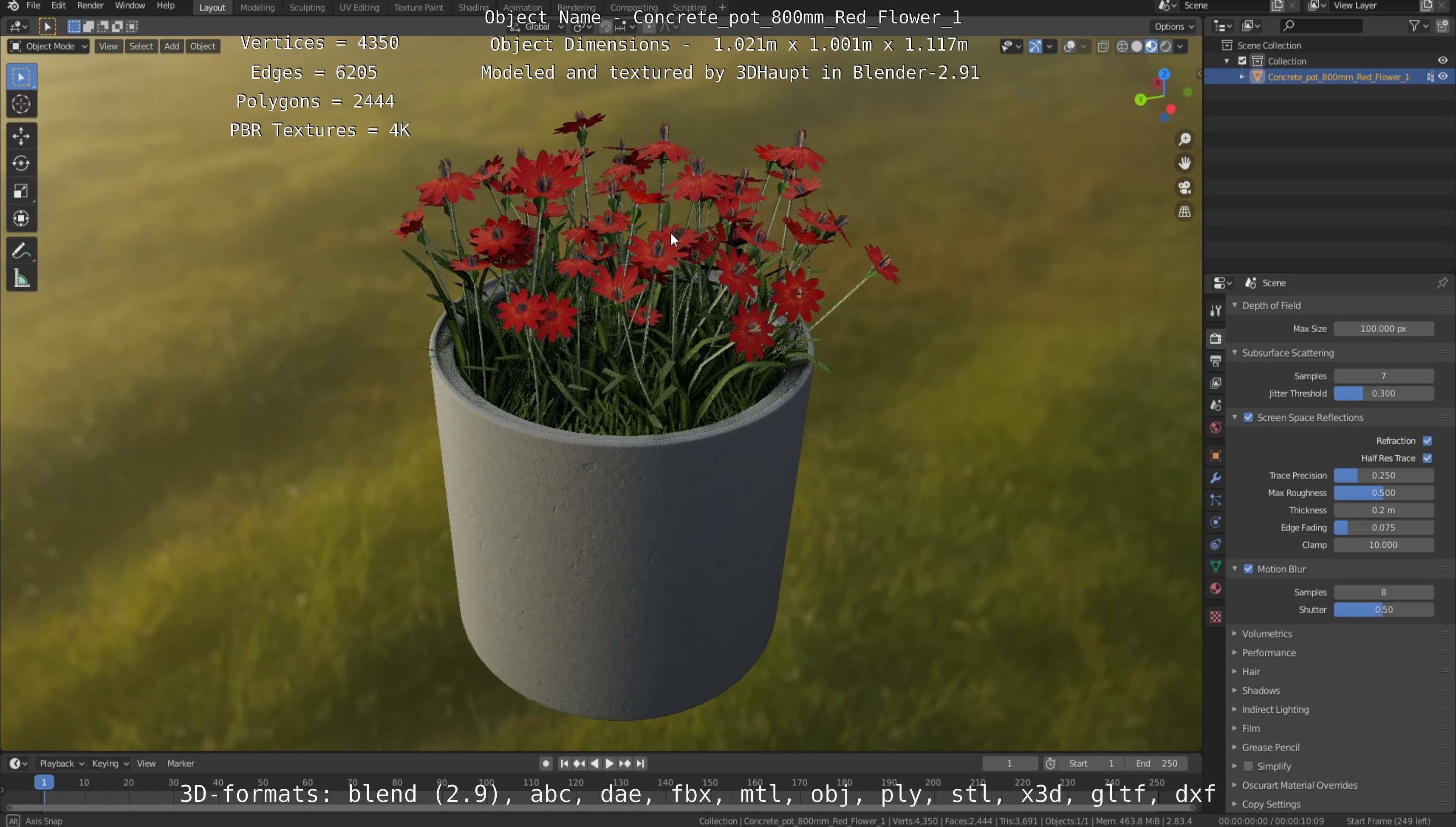 Concrete Pot 800mm with Red Flowers Version 1 Low-poly 3D model_9