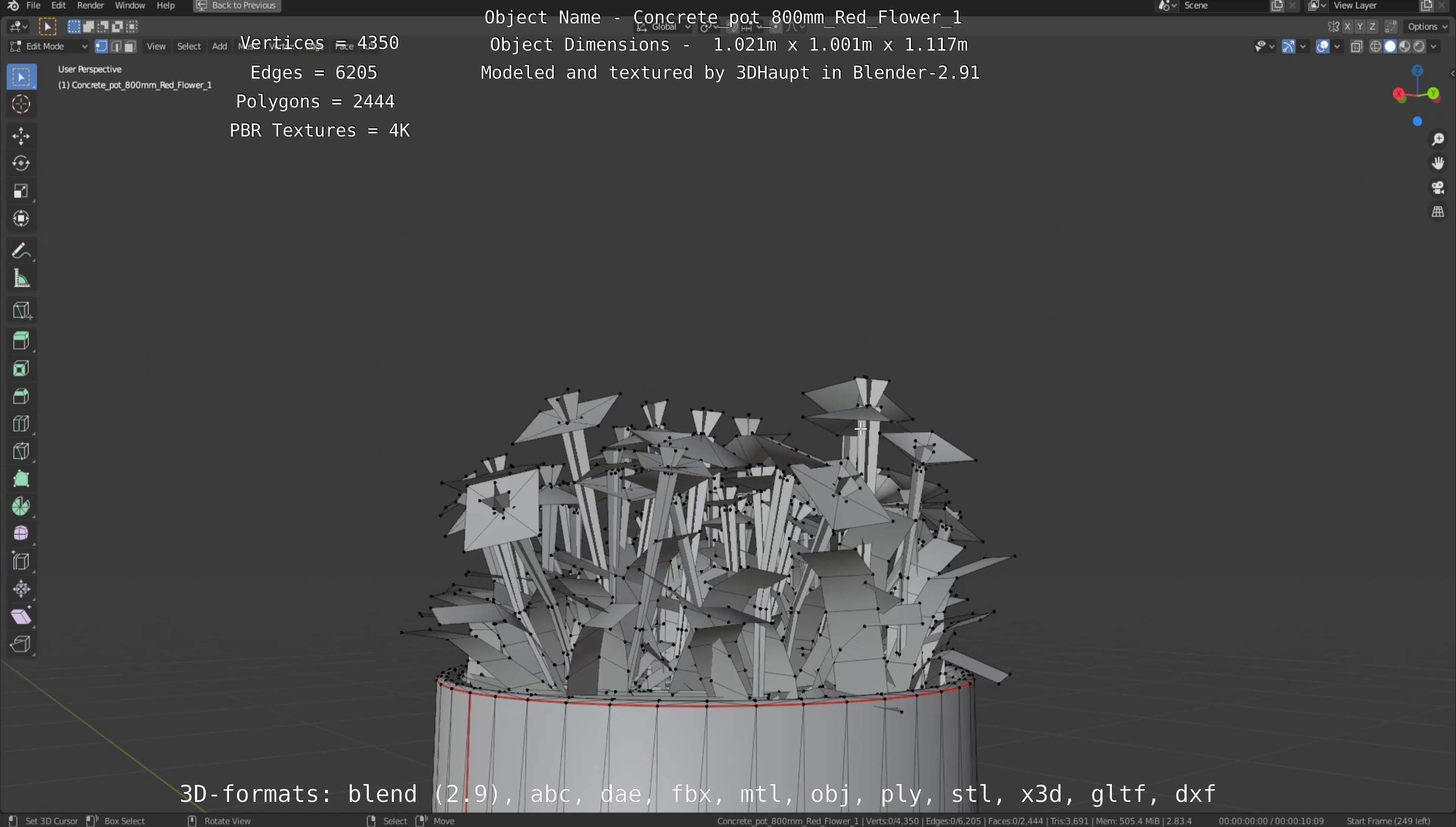Concrete Pot 800mm with Red Flowers Version 1 Low-poly 3D model_17