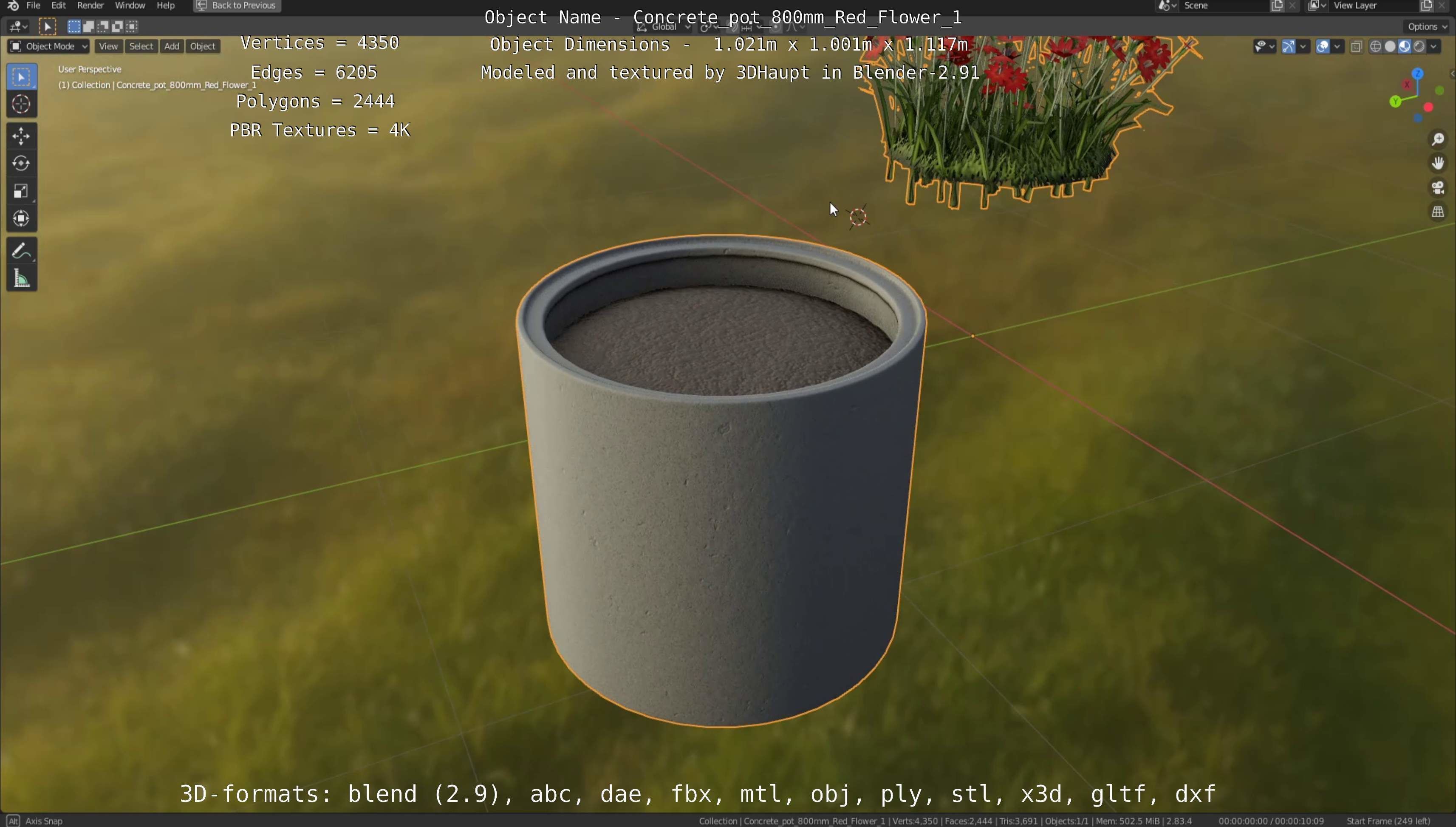 Concrete Pot 800mm with Red Flowers Version 1 Low-poly 3D model_55