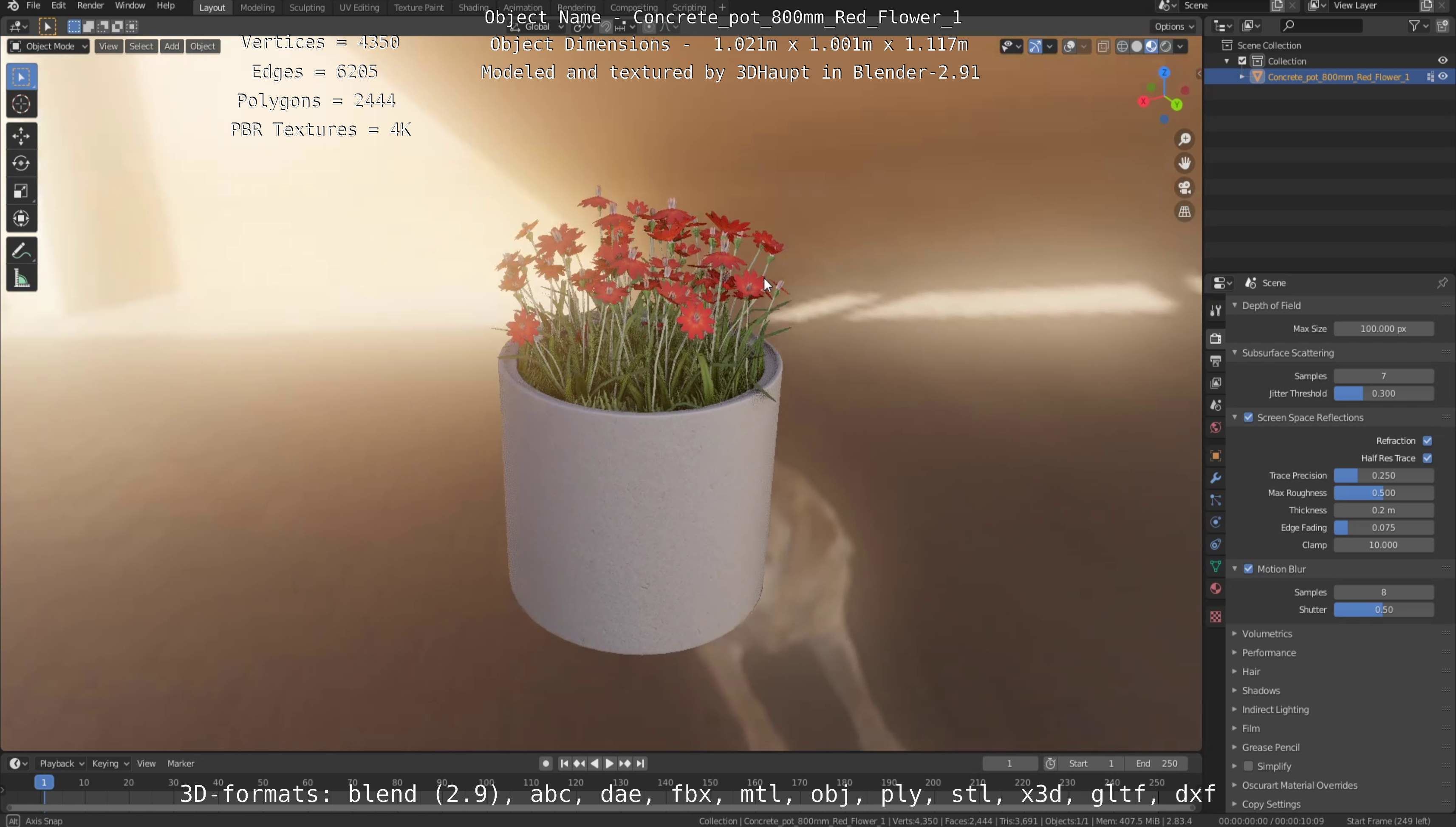 Concrete Pot 800mm with Red Flowers Version 1 Low-poly 3D model_82