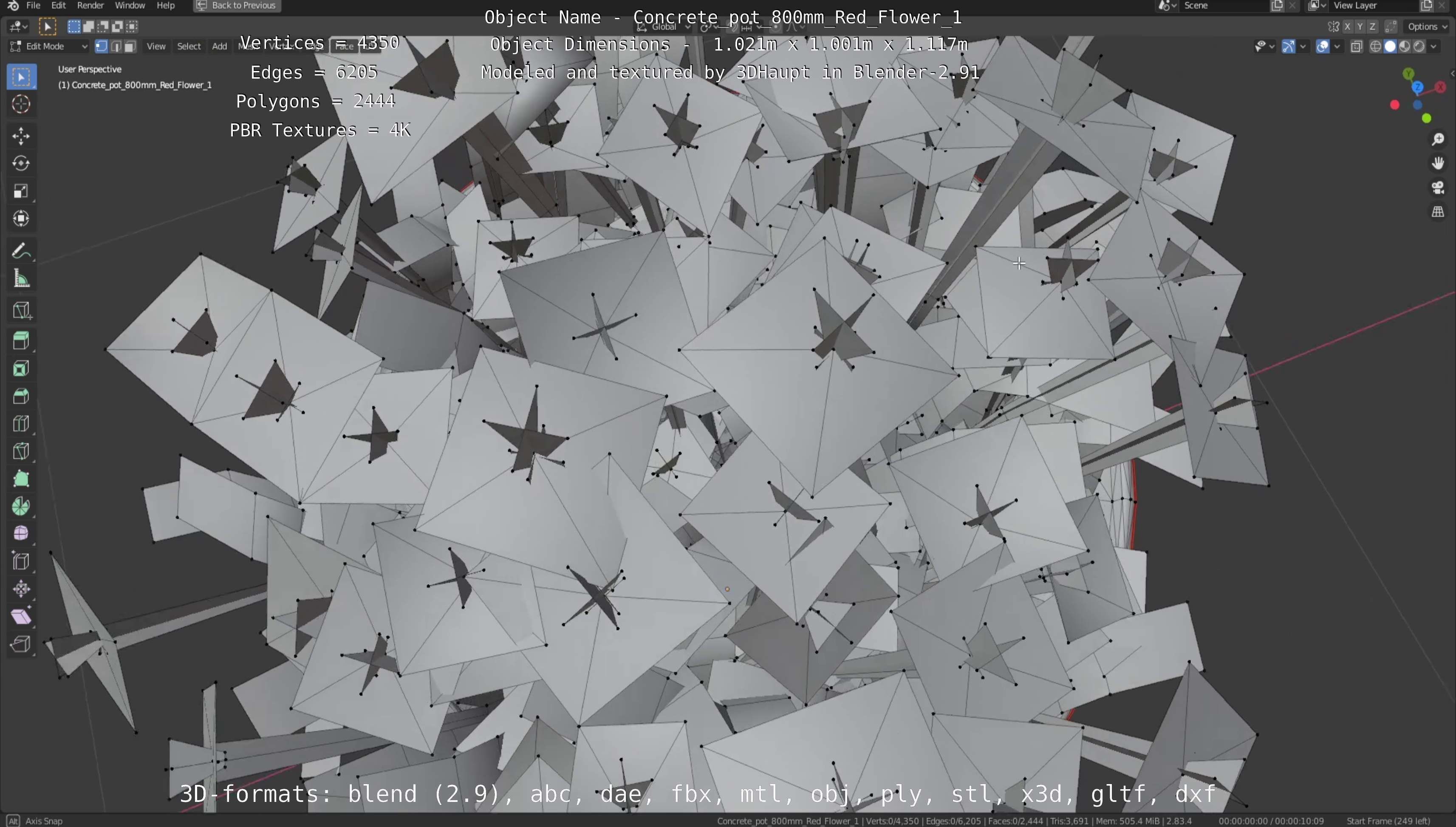 Concrete Pot 800mm with Red Flowers Version 1 Low-poly 3D model_125