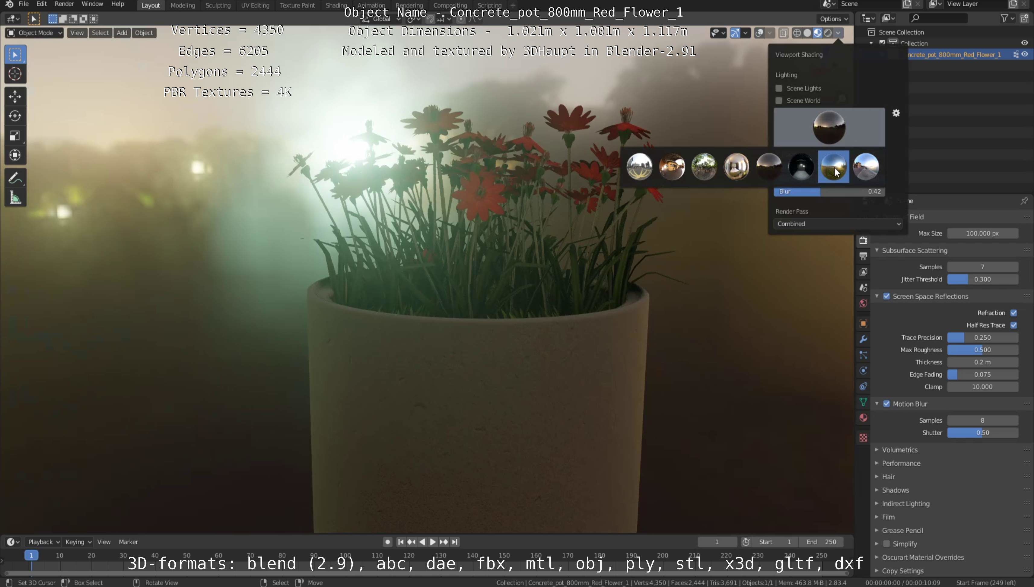 Concrete Pot 800mm with Red Flowers Version 1 Low-poly 3D model_97