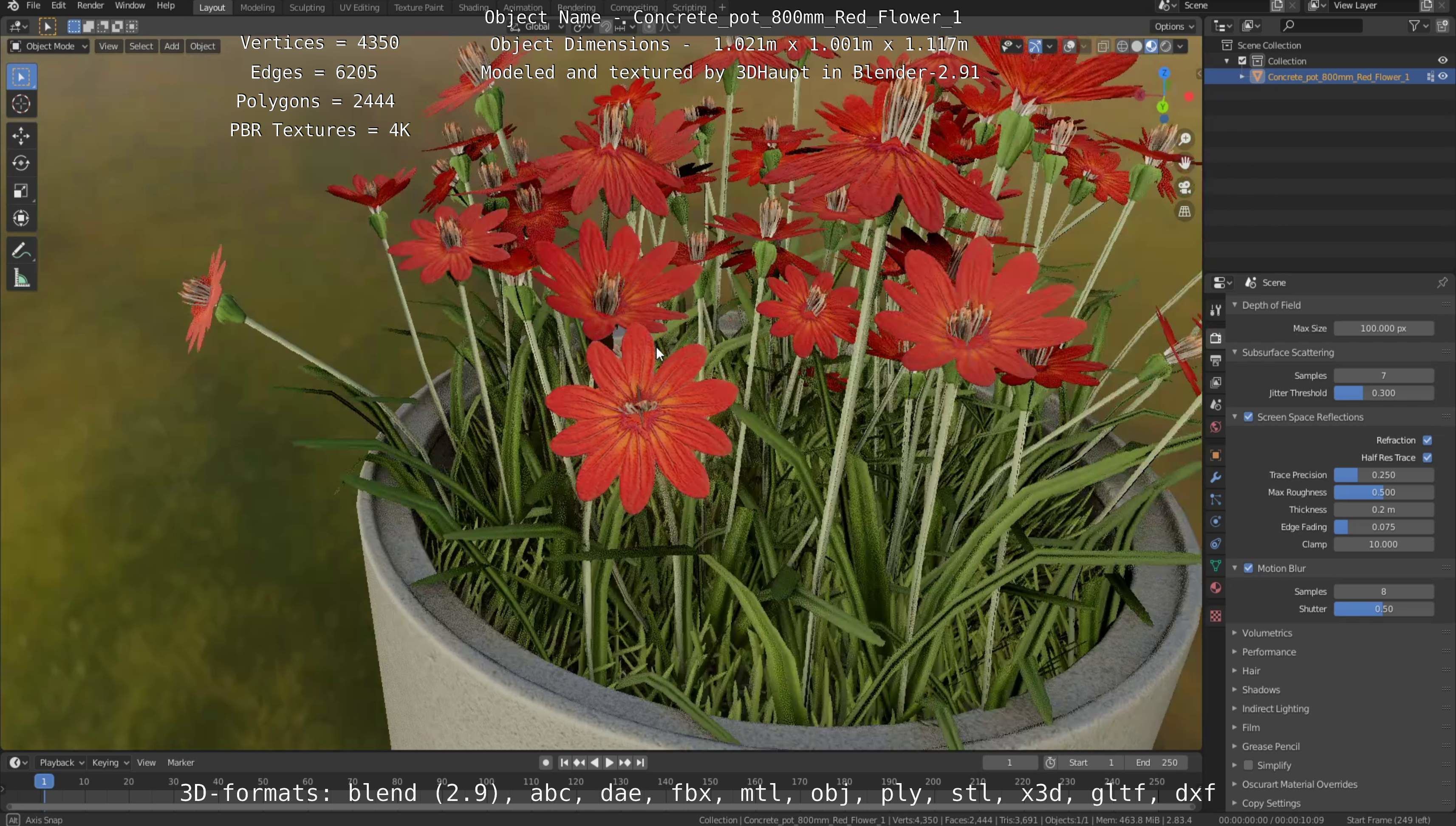 Concrete Pot 800mm with Red Flowers Version 1 Low-poly 3D model_100