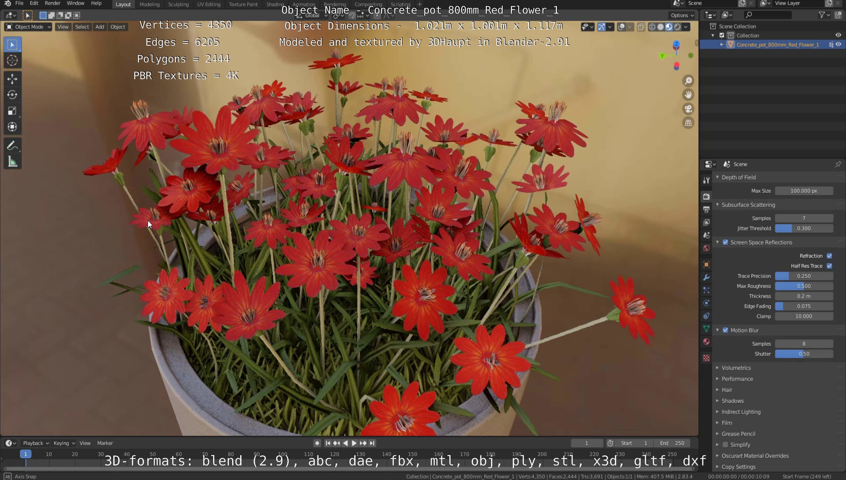 Concrete Pot 800mm with Red Flowers Version 1 Low-poly 3D model_78