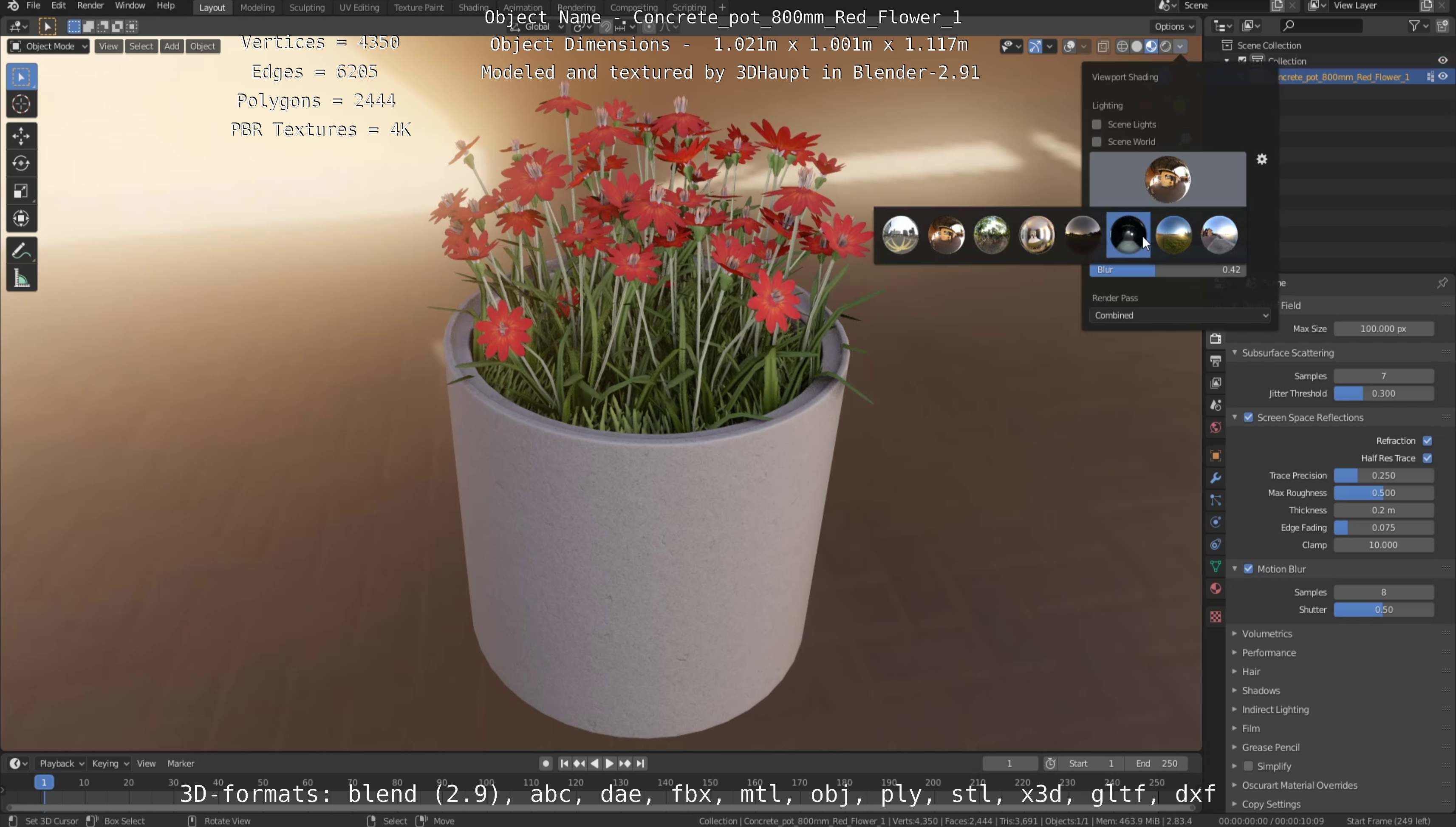 Concrete Pot 800mm with Red Flowers Version 1 Low-poly 3D model_89
