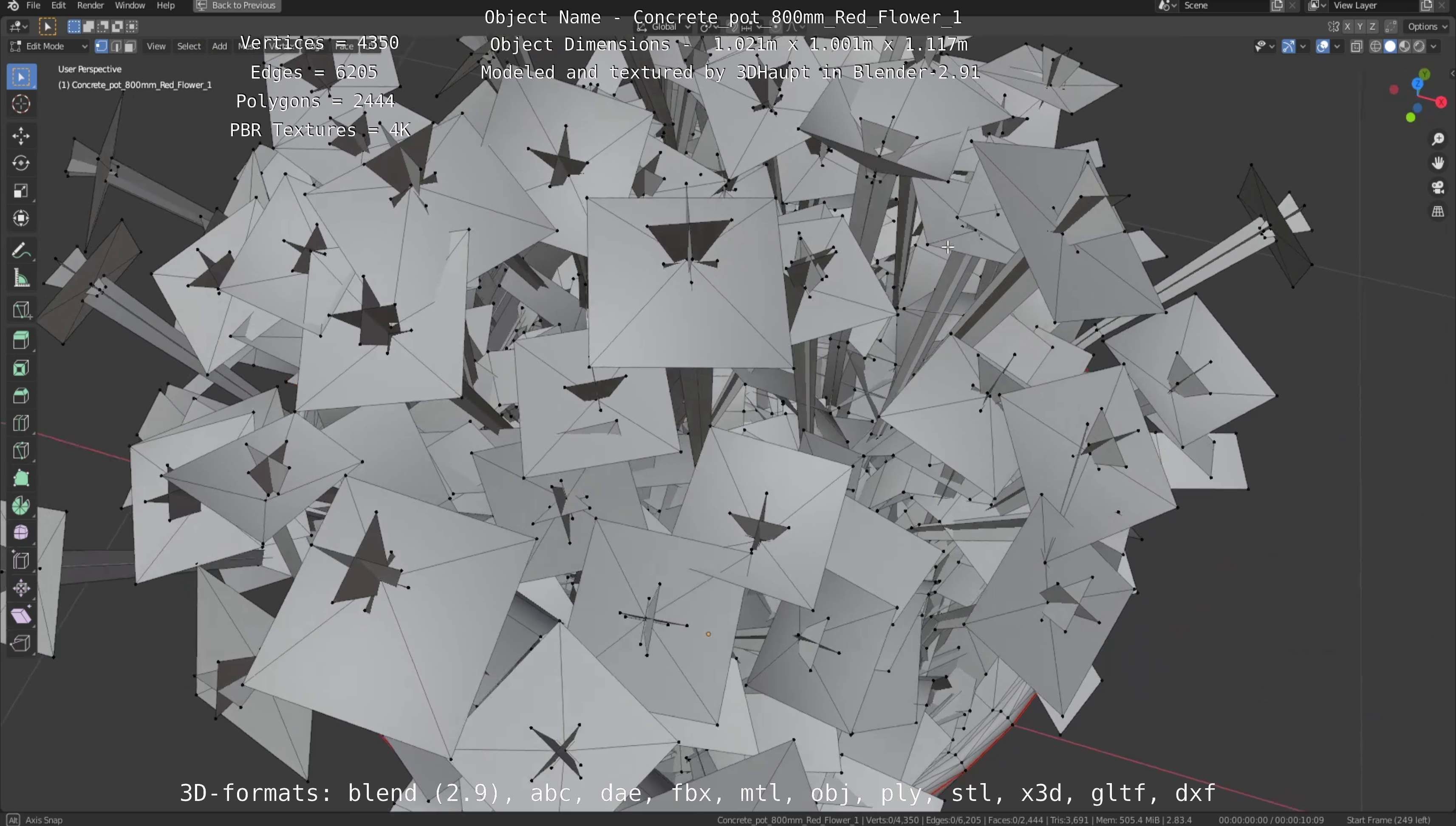 Concrete Pot 800mm with Red Flowers Version 1 Low-poly 3D model_38