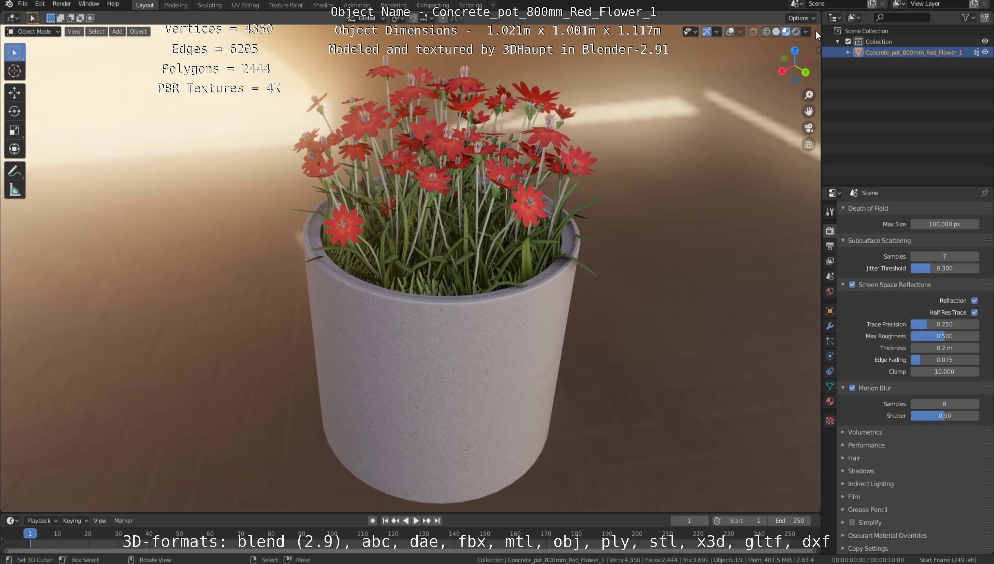 Concrete Pot 800mm with Red Flowers Version 1 Low-poly 3D model_85