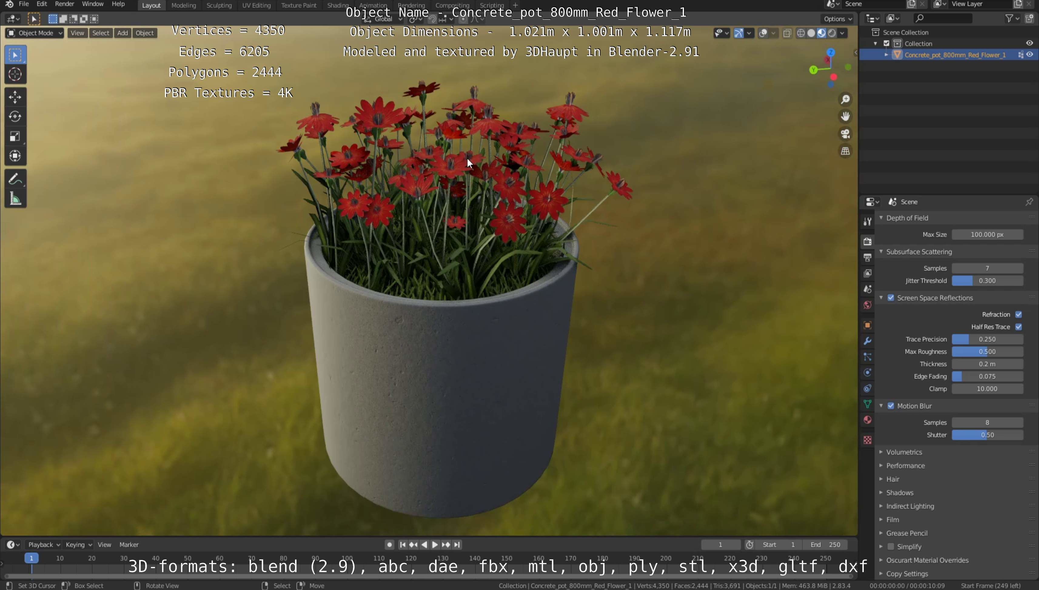 Concrete Pot 800mm with Red Flowers Version 1 Low-poly 3D model_105