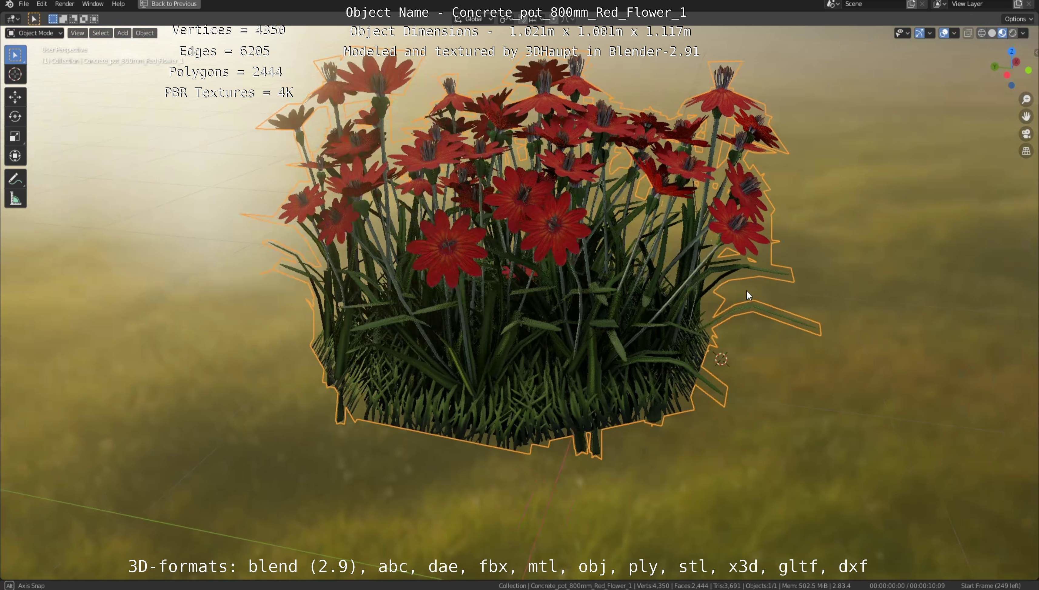Concrete Pot 800mm with Red Flowers Version 1 Low-poly 3D model_50
