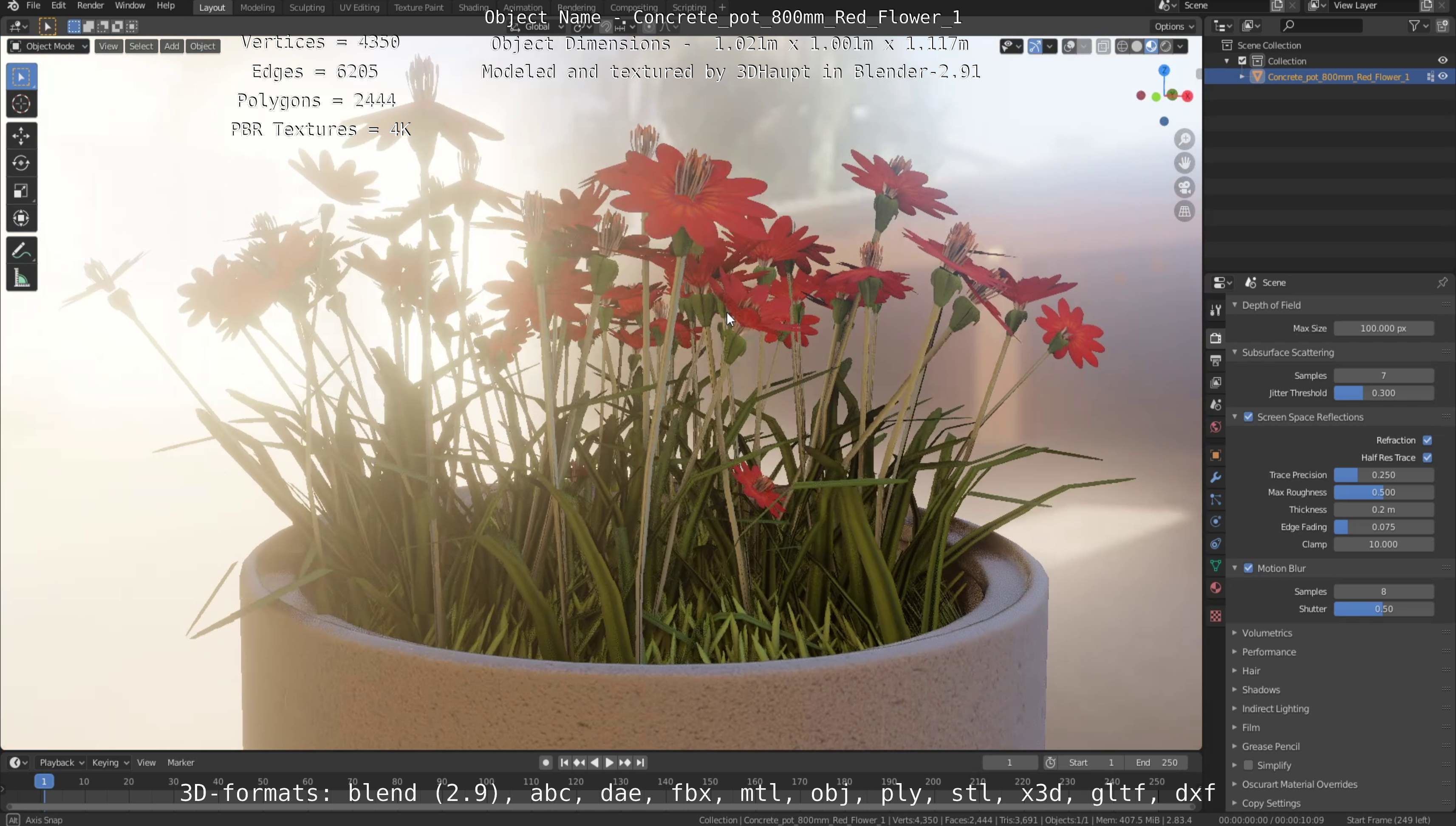 Concrete Pot 800mm with Red Flowers Version 1 Low-poly 3D model_30