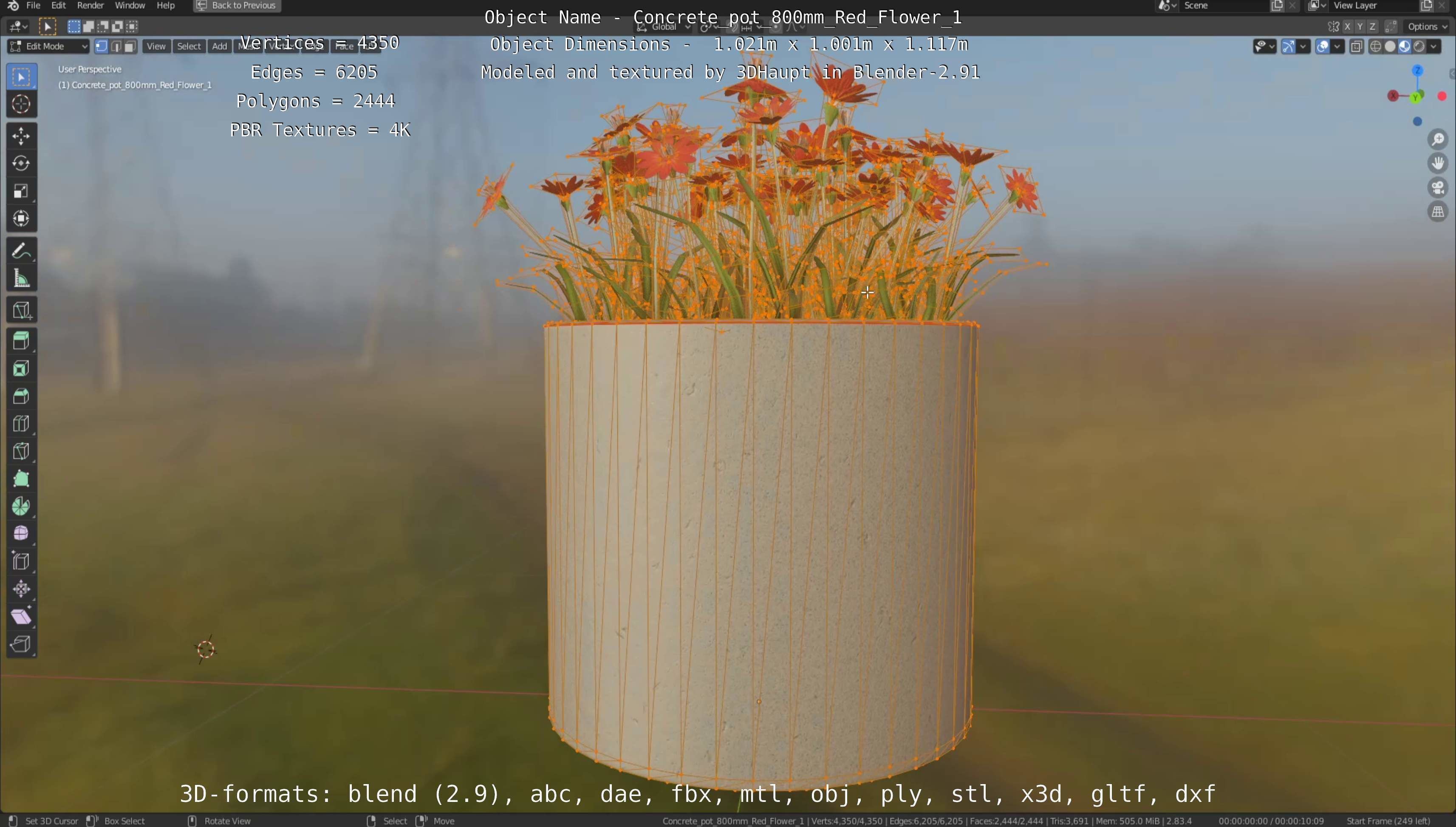 Concrete Pot 800mm with Red Flowers Version 1 Low-poly 3D model_113