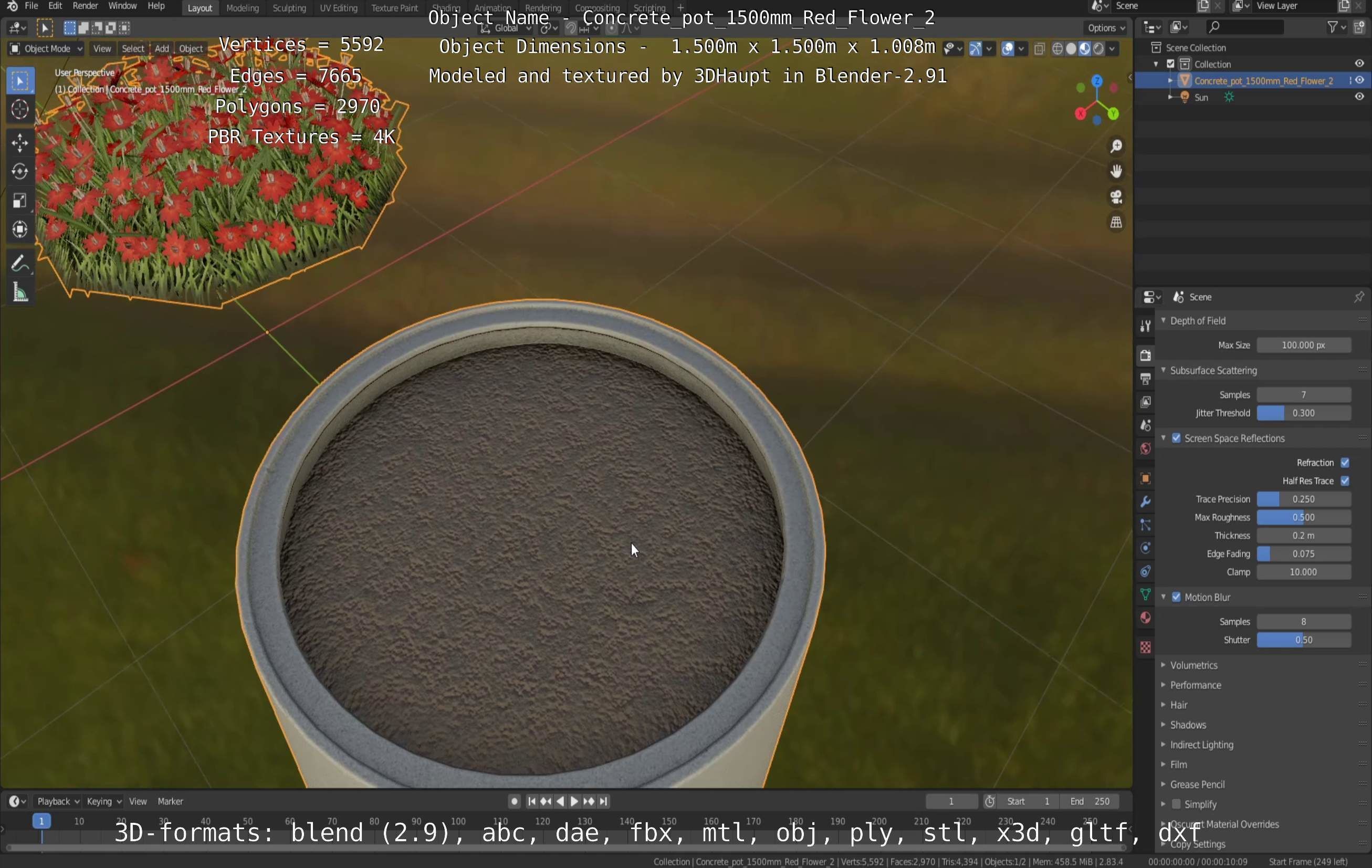 Concrete Pot 1500mm with Red Flowers Version 2 Low-poly 3D model_85