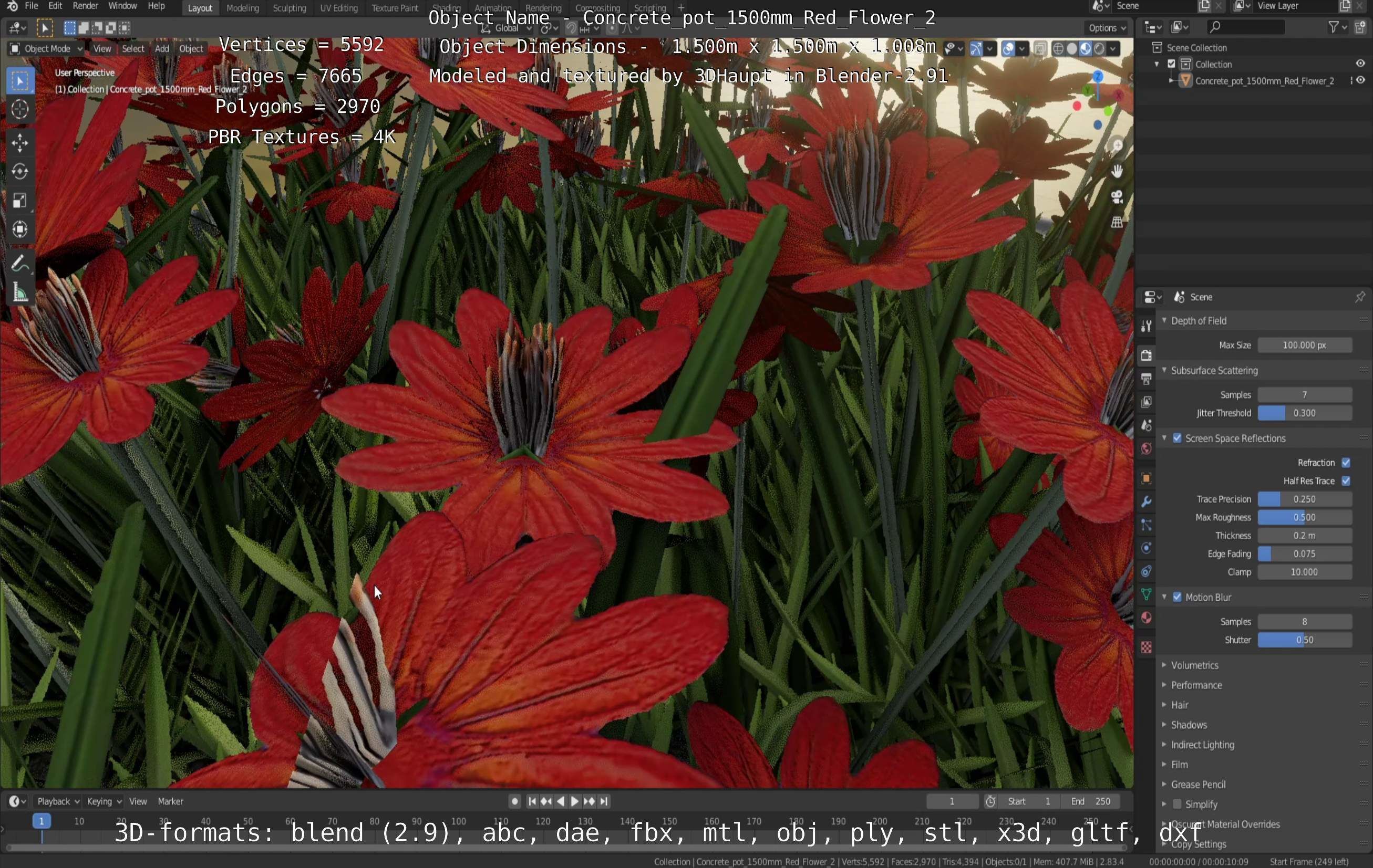 Concrete Pot 1500mm with Red Flowers Version 2 Low-poly 3D model_42