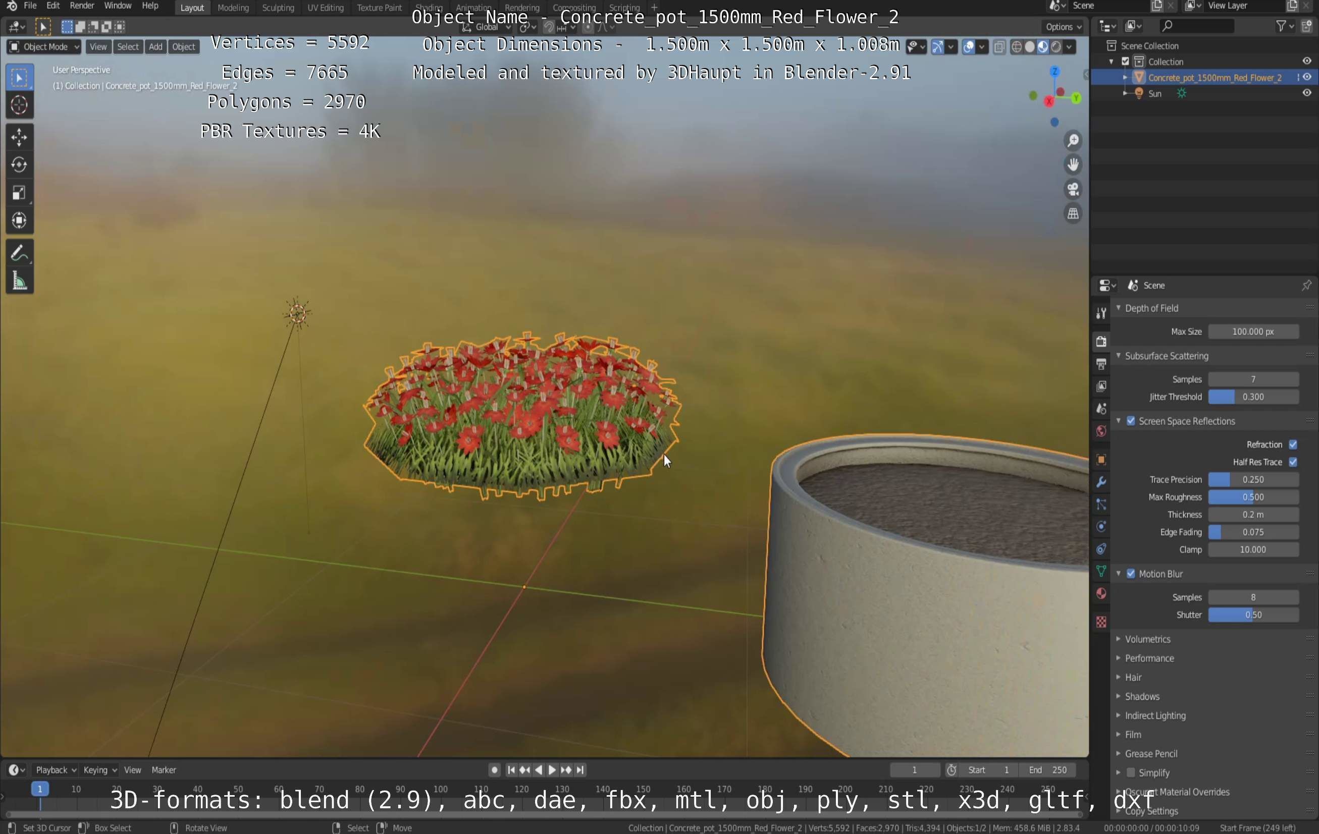 Concrete Pot 1500mm with Red Flowers Version 2 Low-poly 3D model_22