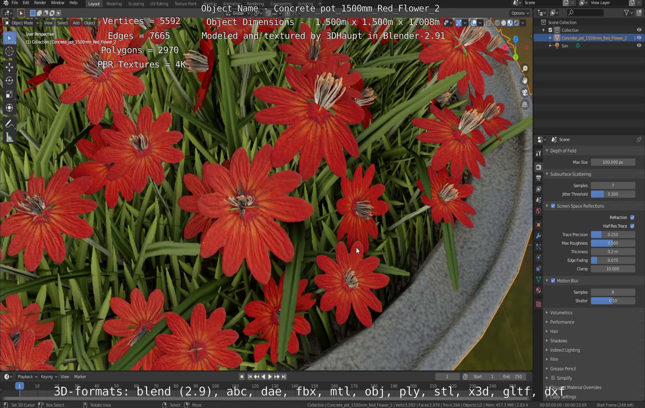 Concrete Pot 1500mm with Red Flowers Version 2 Low-poly 3D model_132