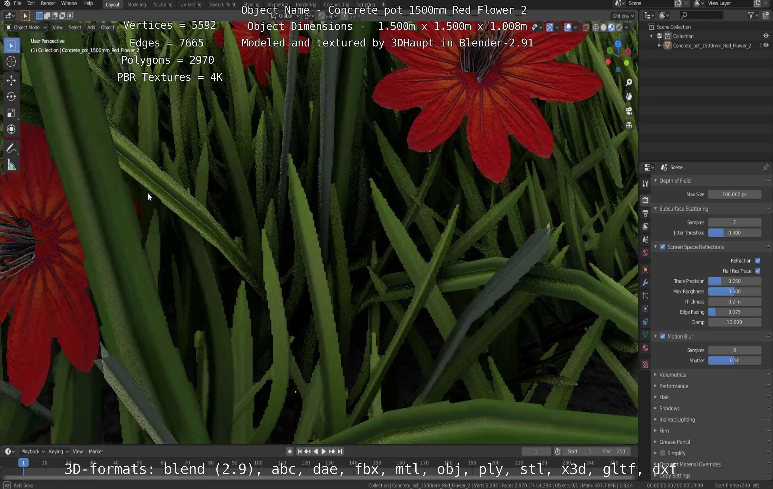 Concrete Pot 1500mm with Red Flowers Version 2 Low-poly 3D model_41