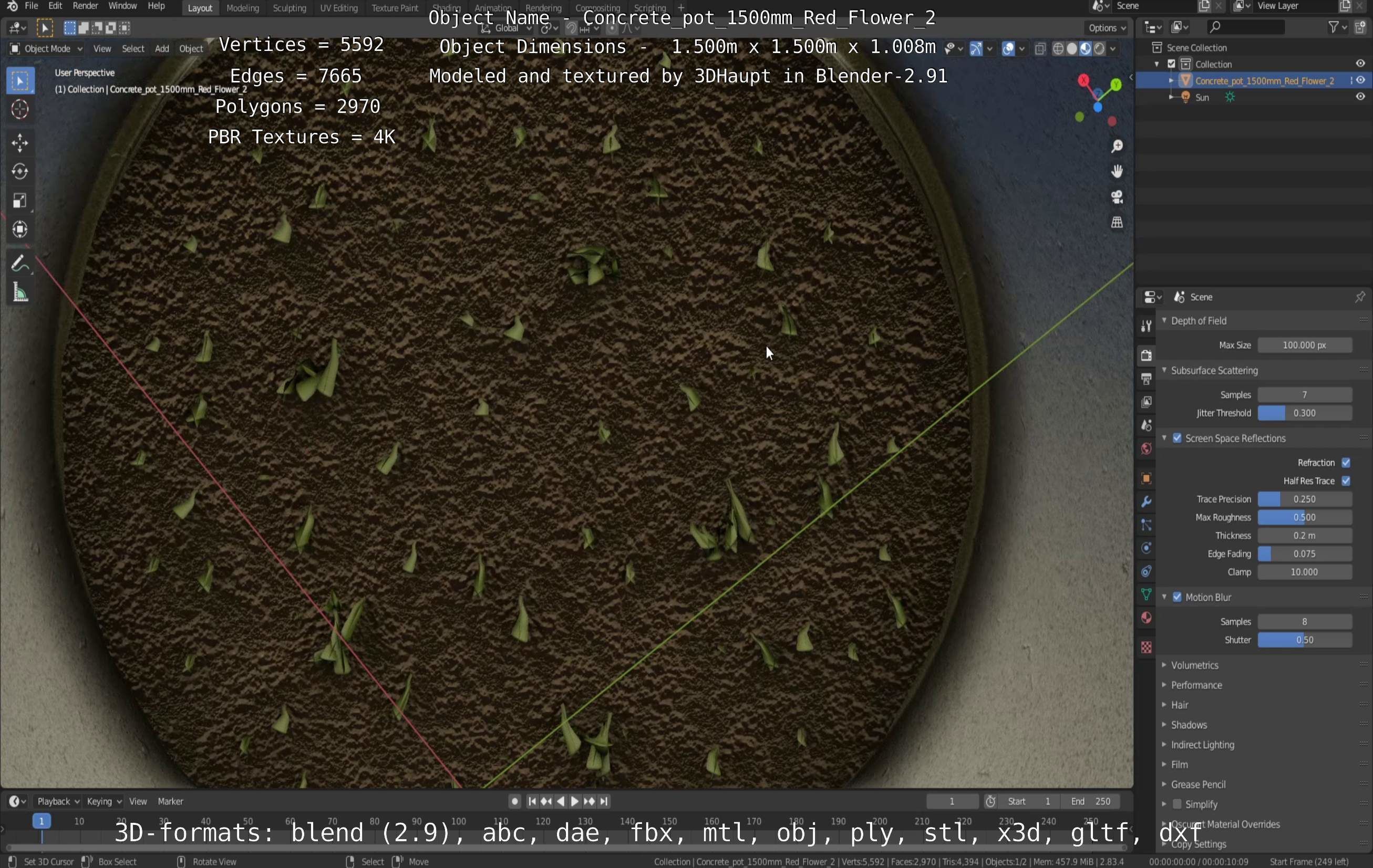 Concrete Pot 1500mm with Red Flowers Version 2 Low-poly 3D model_16