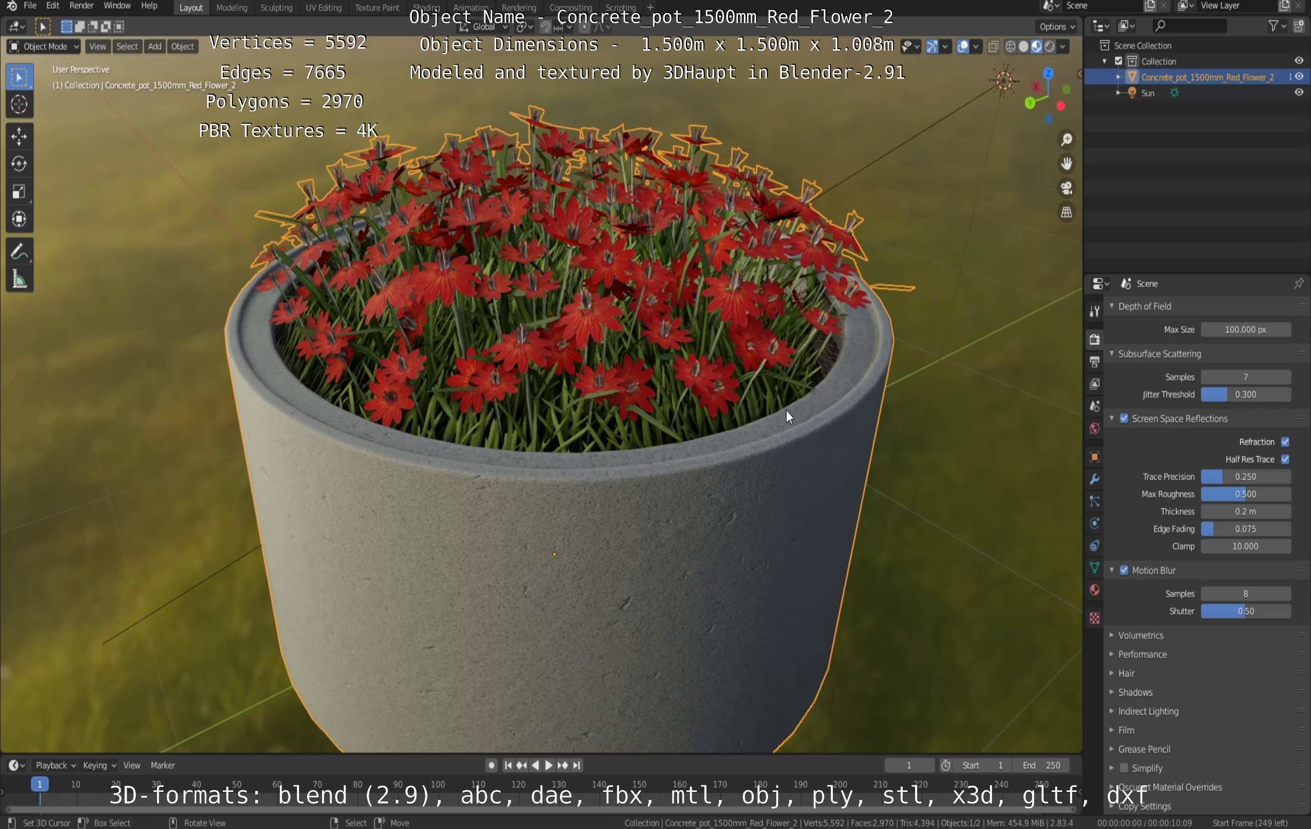 Concrete Pot 1500mm with Red Flowers Version 2 Low-poly 3D model_120