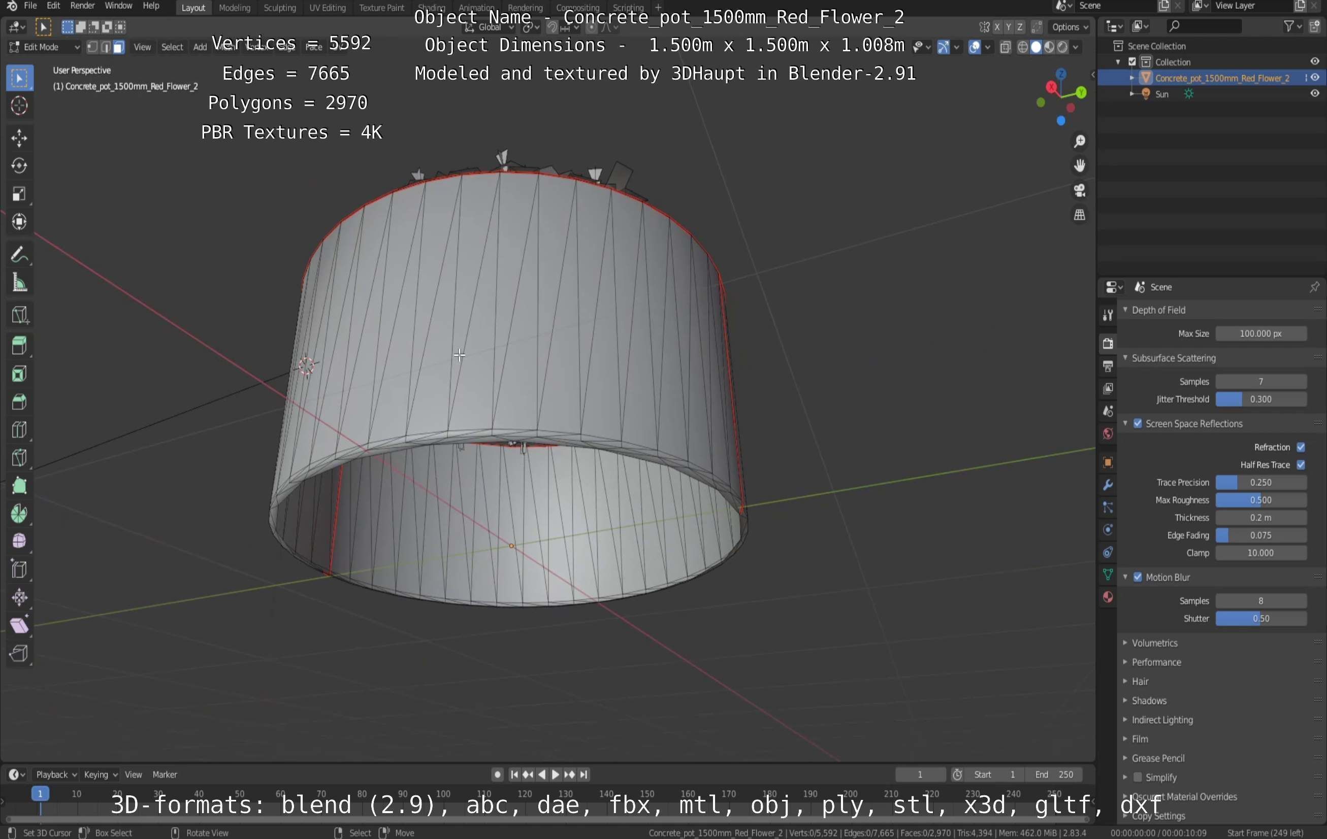 Concrete Pot 1500mm with Red Flowers Version 2 Low-poly 3D model_12