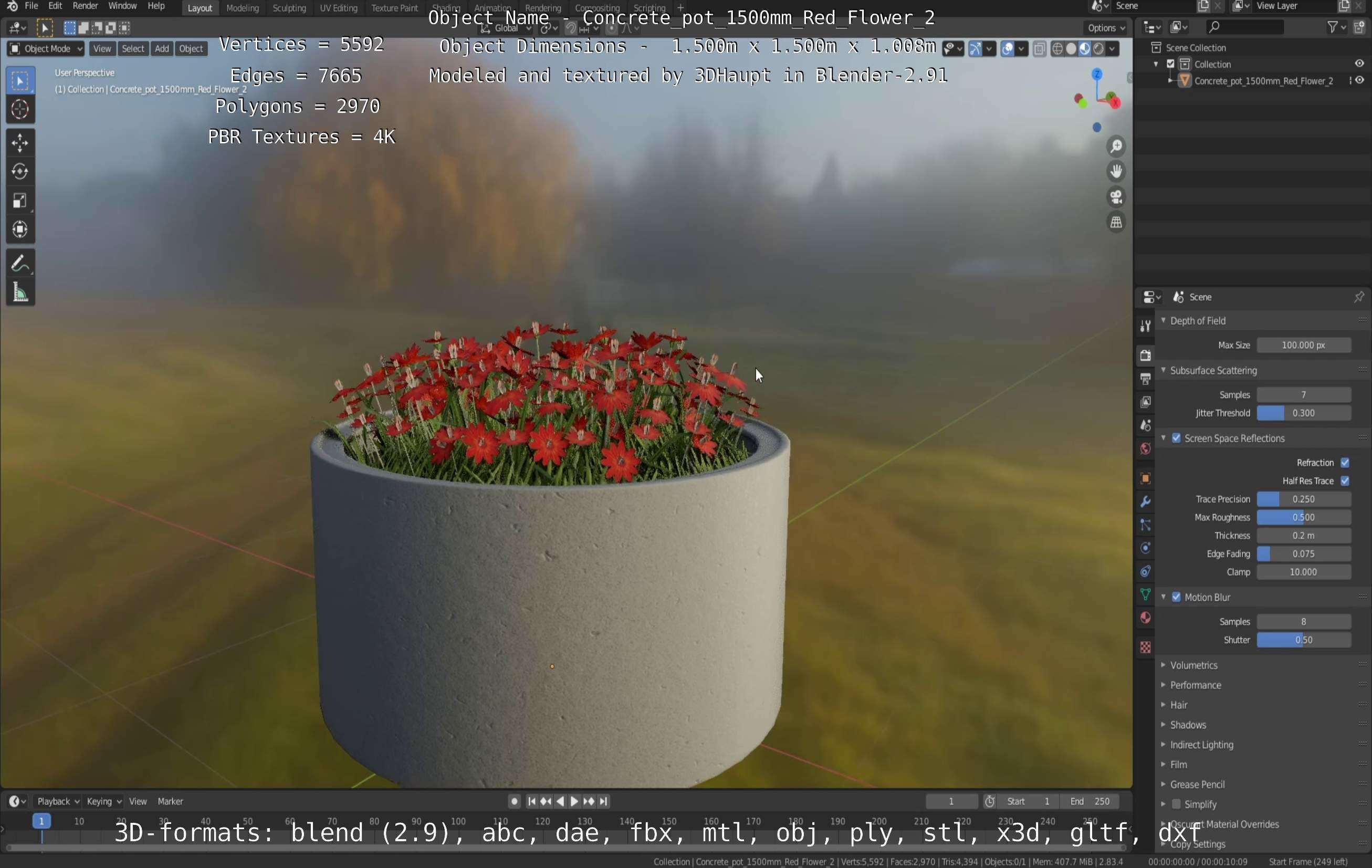 Concrete Pot 1500mm with Red Flowers Version 2 Low-poly 3D model_49