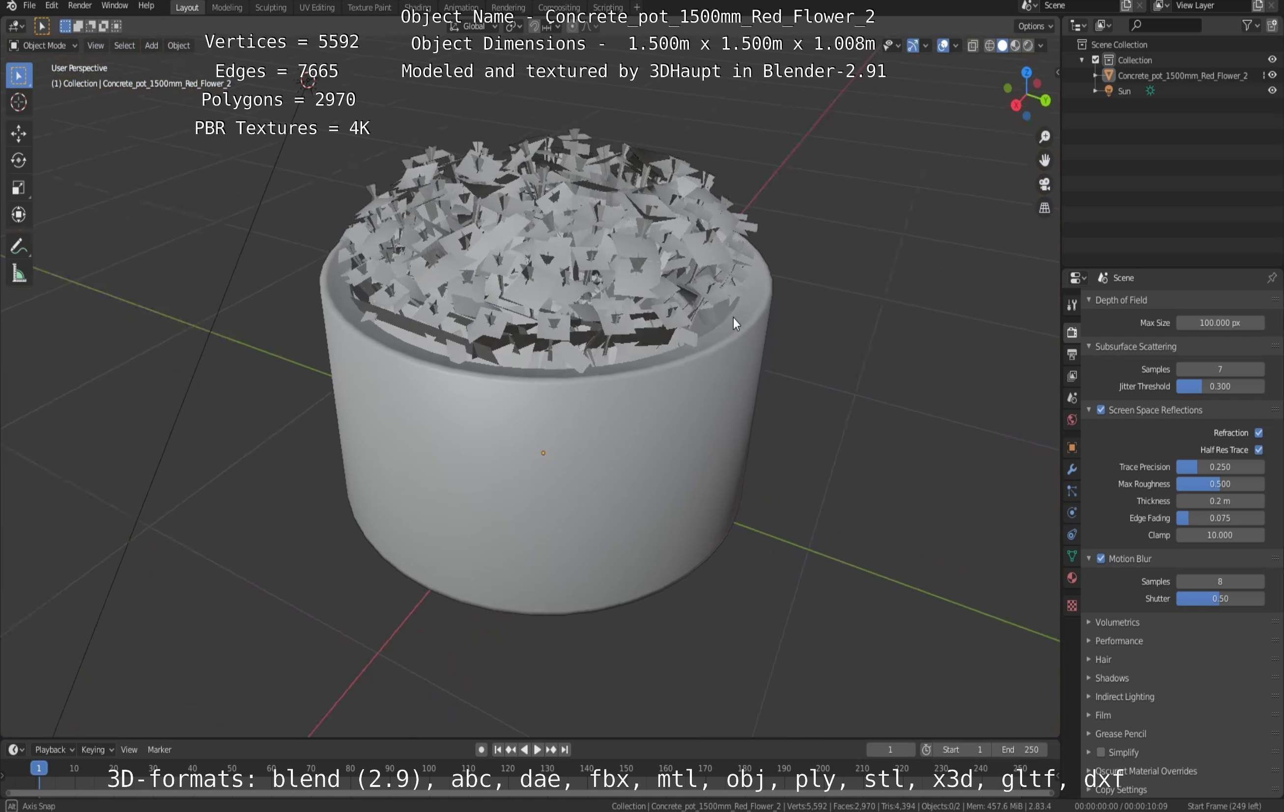 Concrete Pot 1500mm with Red Flowers Version 2 Low-poly 3D model_73