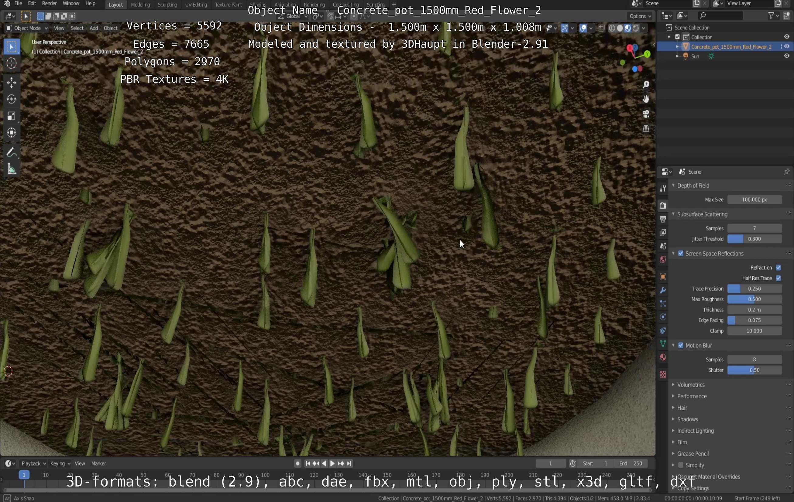 Concrete Pot 1500mm with Red Flowers Version 2 Low-poly 3D model_71