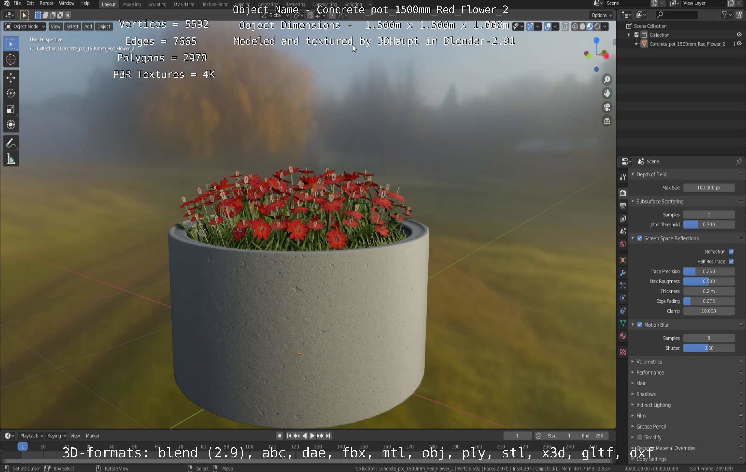 Concrete Pot 1500mm with Red Flowers Version 2 Low-poly 3D model_48