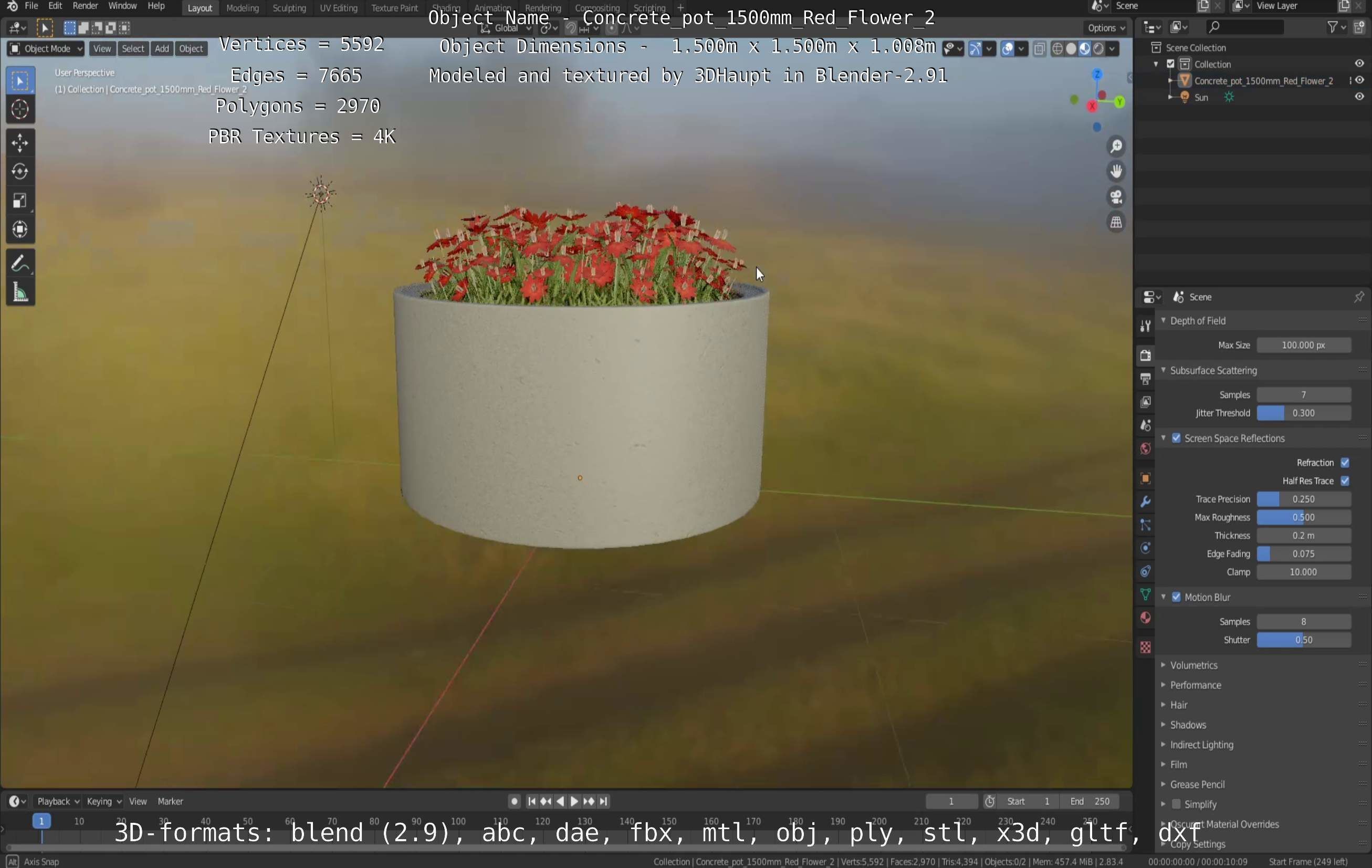 Concrete Pot 1500mm with Red Flowers Version 2 Low-poly 3D model_133