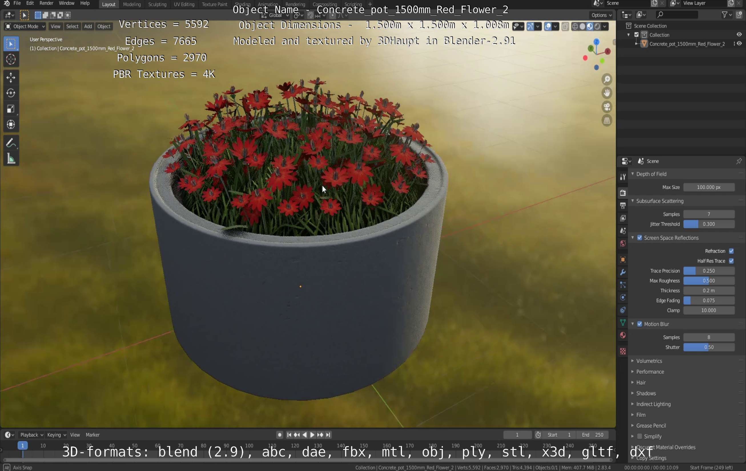 Concrete Pot 1500mm with Red Flowers Version 2 Low-poly 3D model_31