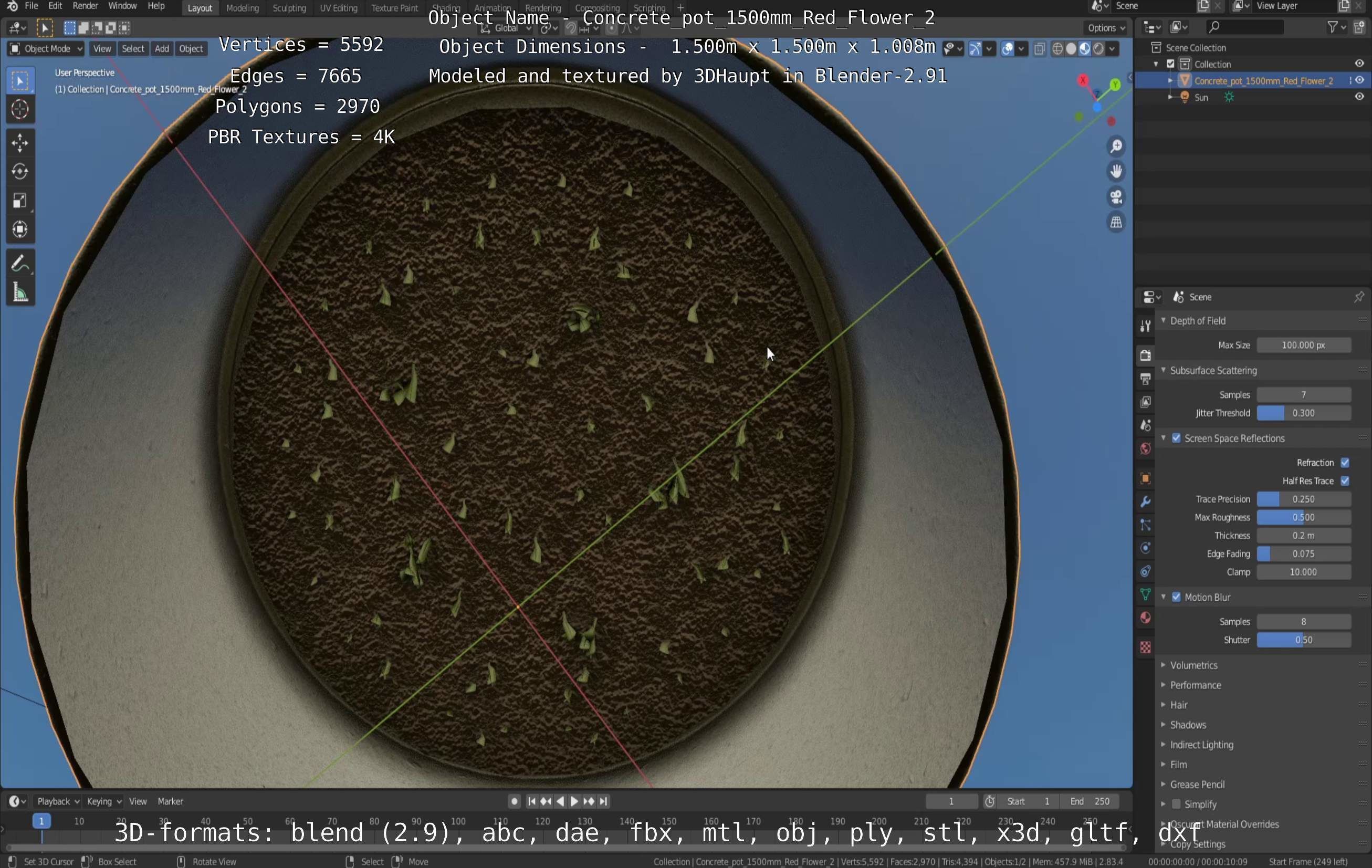 Concrete Pot 1500mm with Red Flowers Version 2 Low-poly 3D model_68