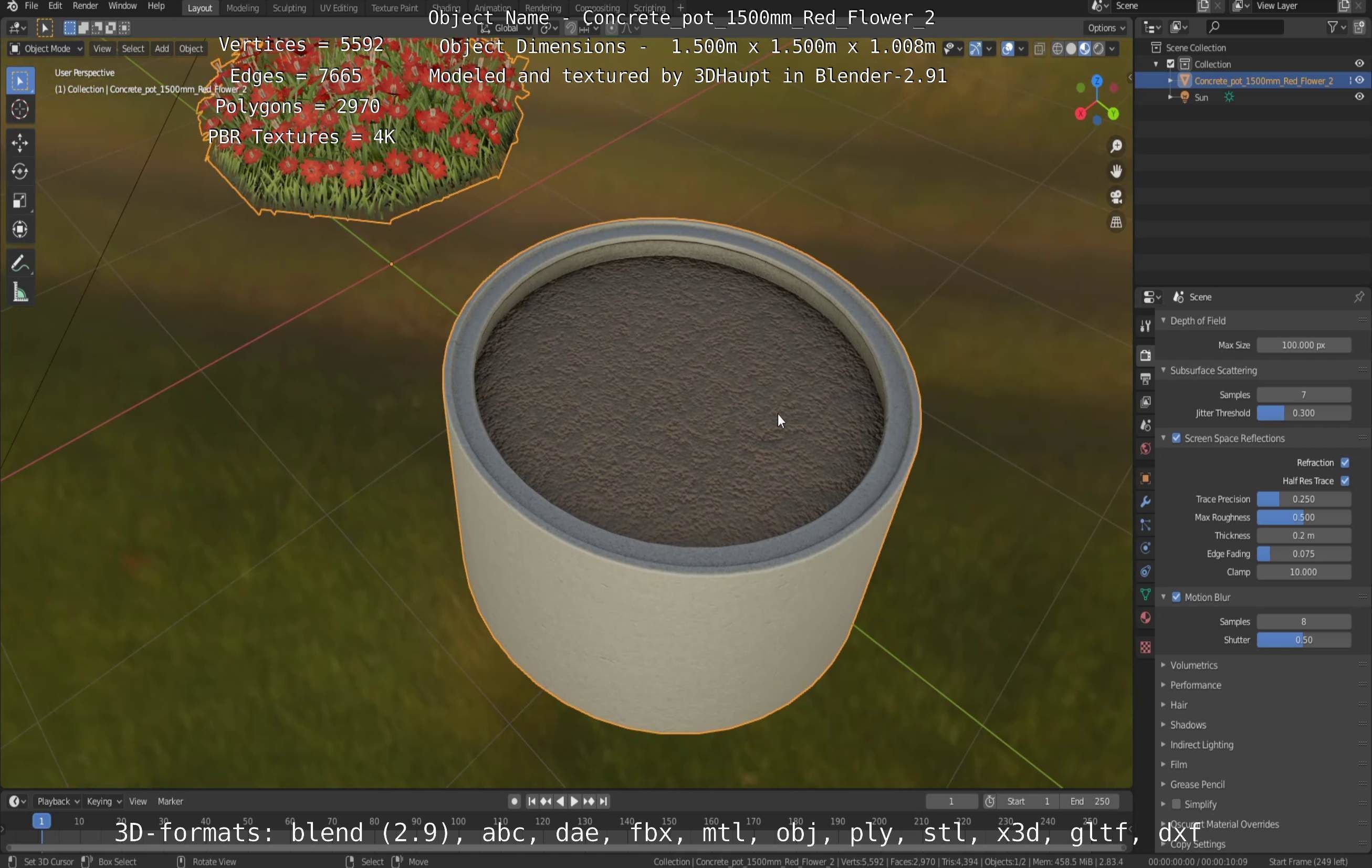 Concrete Pot 1500mm with Red Flowers Version 2 Low-poly 3D model_28