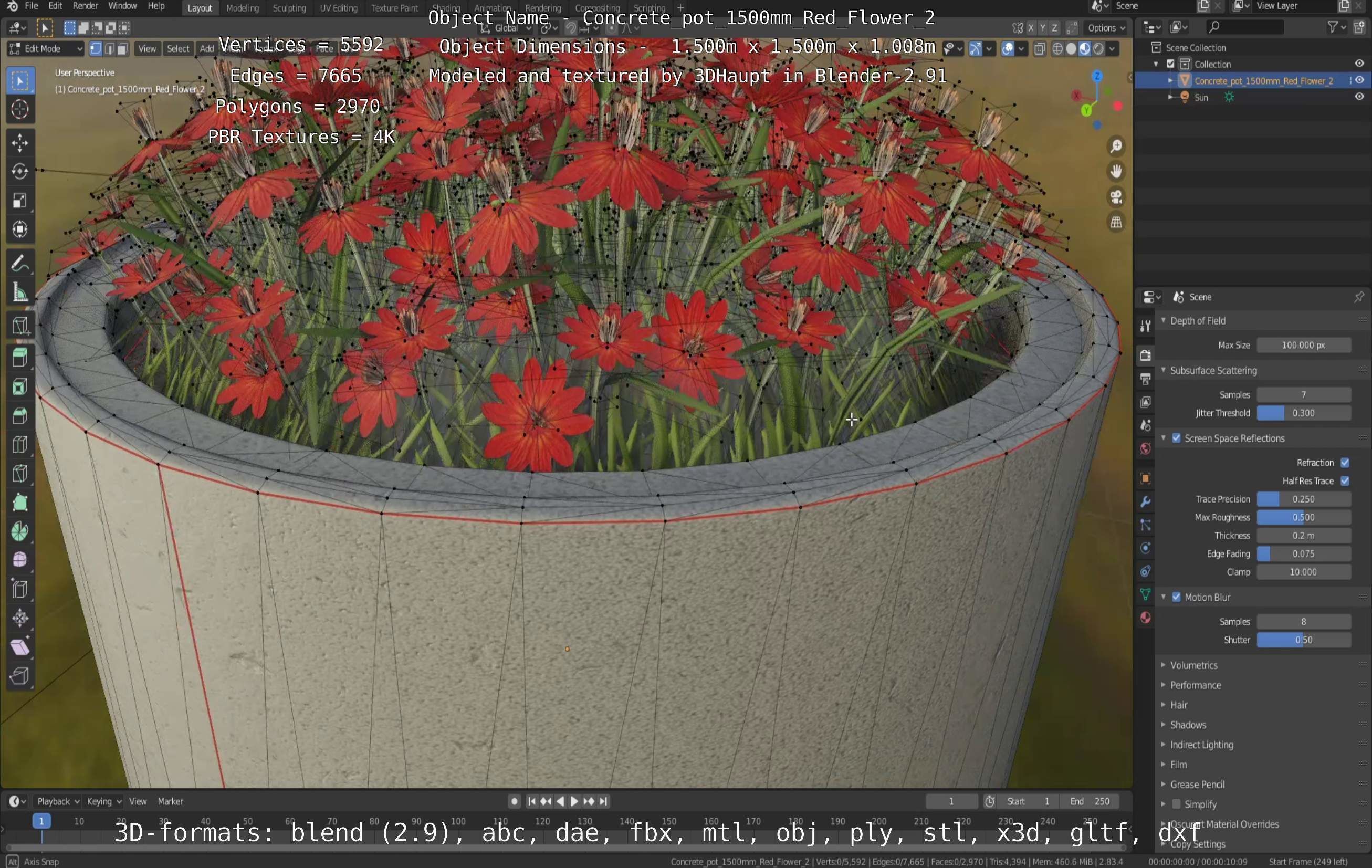 Concrete Pot 1500mm with Red Flowers Version 2 Low-poly 3D model_54